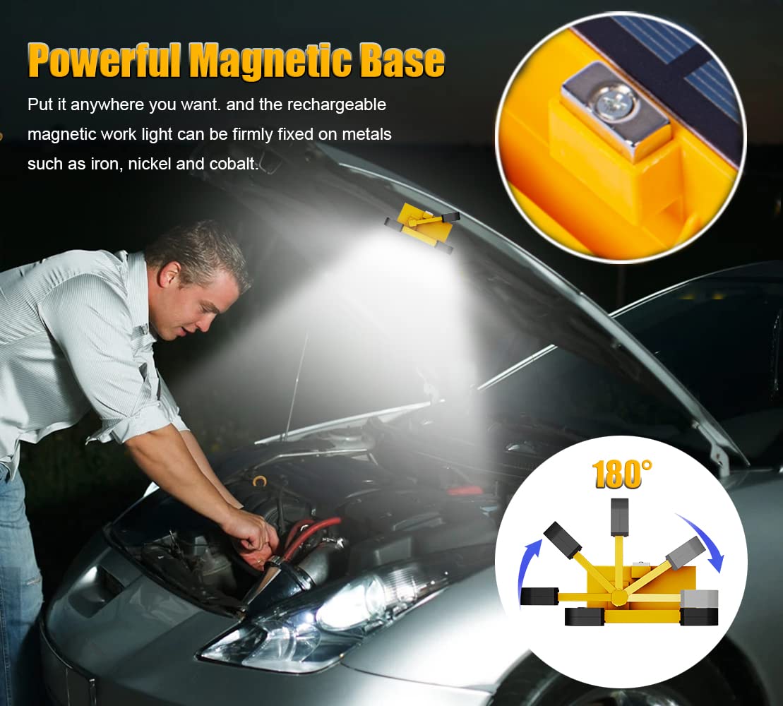 OHAYORI LED work light battery, 80W 6000mAh USB rechargeable solar spotlight, magnetic portable camping lamp, 4 light modes IP65 waterproof for workshop, construction, repair, emergency