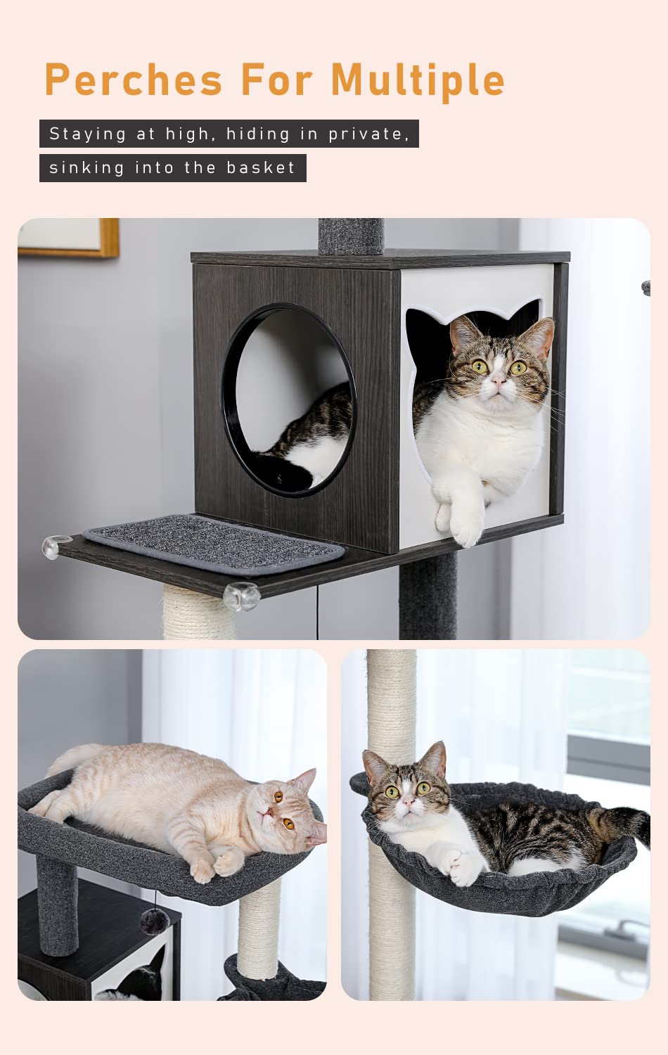 PAWZ Road Modern Cat Tree Wood Cat Tower with Storage Cabinet Cat Litter Enclosure and spacious Cat House Large top perch and hammock Black