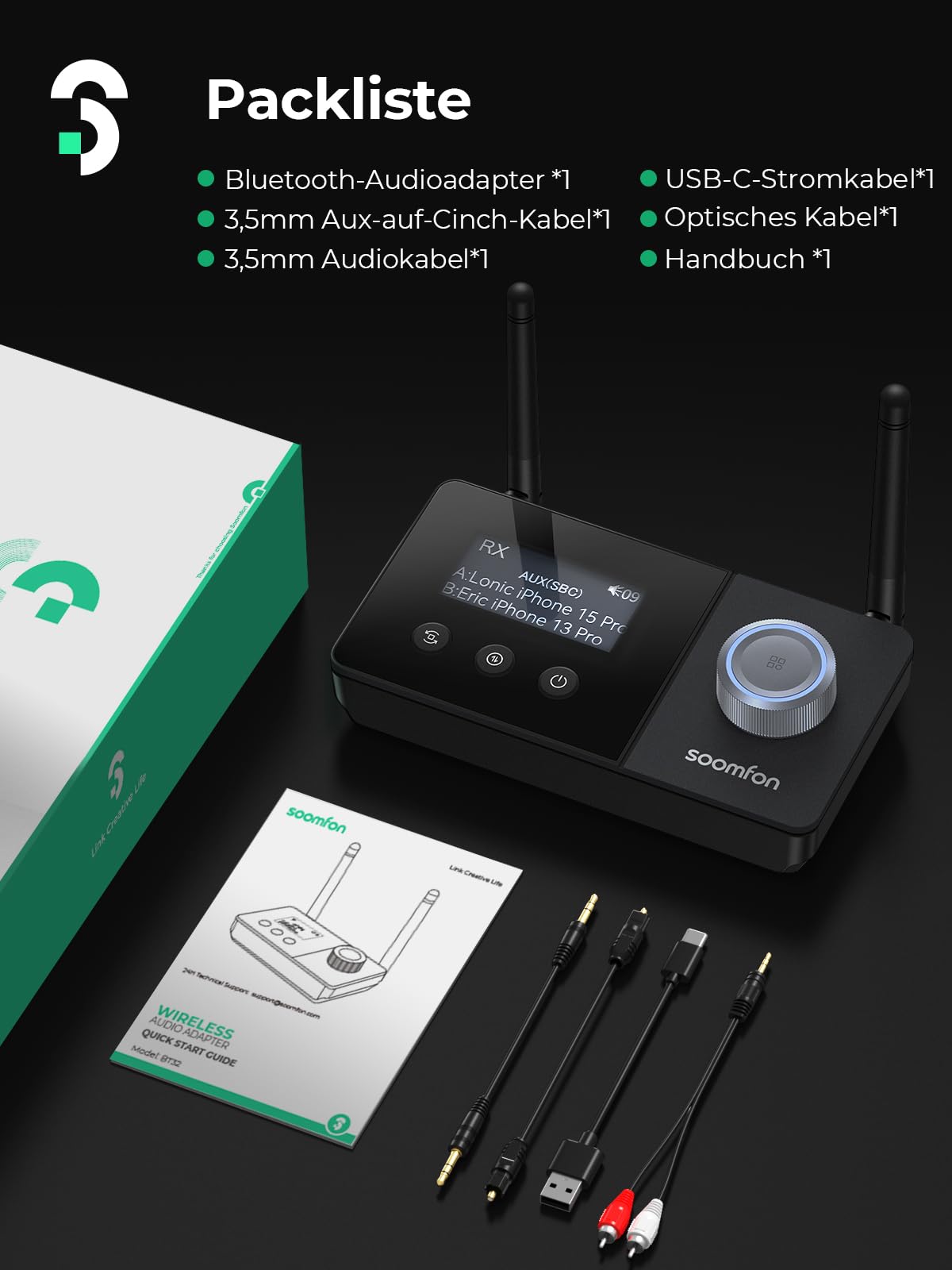 SOOMFON Bluetooth 5.3 transmitter receiver for 2 headphones, 3-in-1 BT audio adapter with dual antenna, Bluetooth transmitter receiver for TV/stereo system, with volume control, aux/RCA/optical.