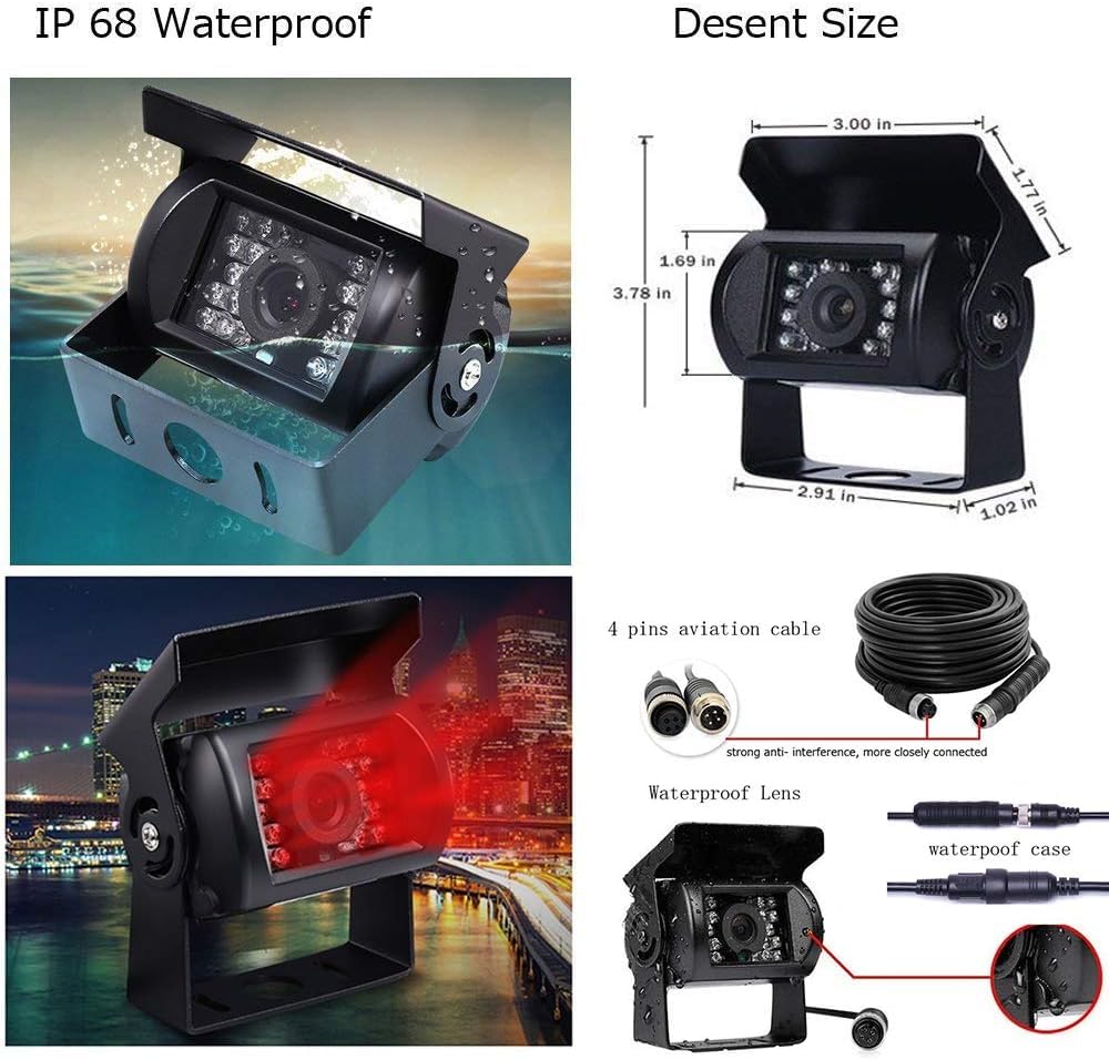 9 inch rear view camera set monitor with 4 pin cable, 4 waterproof night vision mirror cameras for trucks, RVs, trailers, caravans, and agriculture. 12V/24V/35V rearview camera cable for parking assistance.