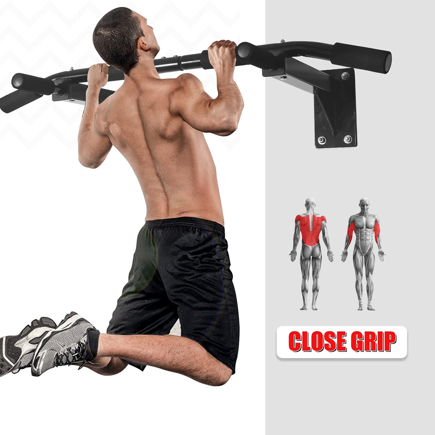 ISE Multifunction Fitness Pull-Up Bar for wall mounting, pull-up bar up to 200kg with non-slip grips, numerous pull-up exercises, wall bracket & 8 heavy-duty plugs for installation SY-165