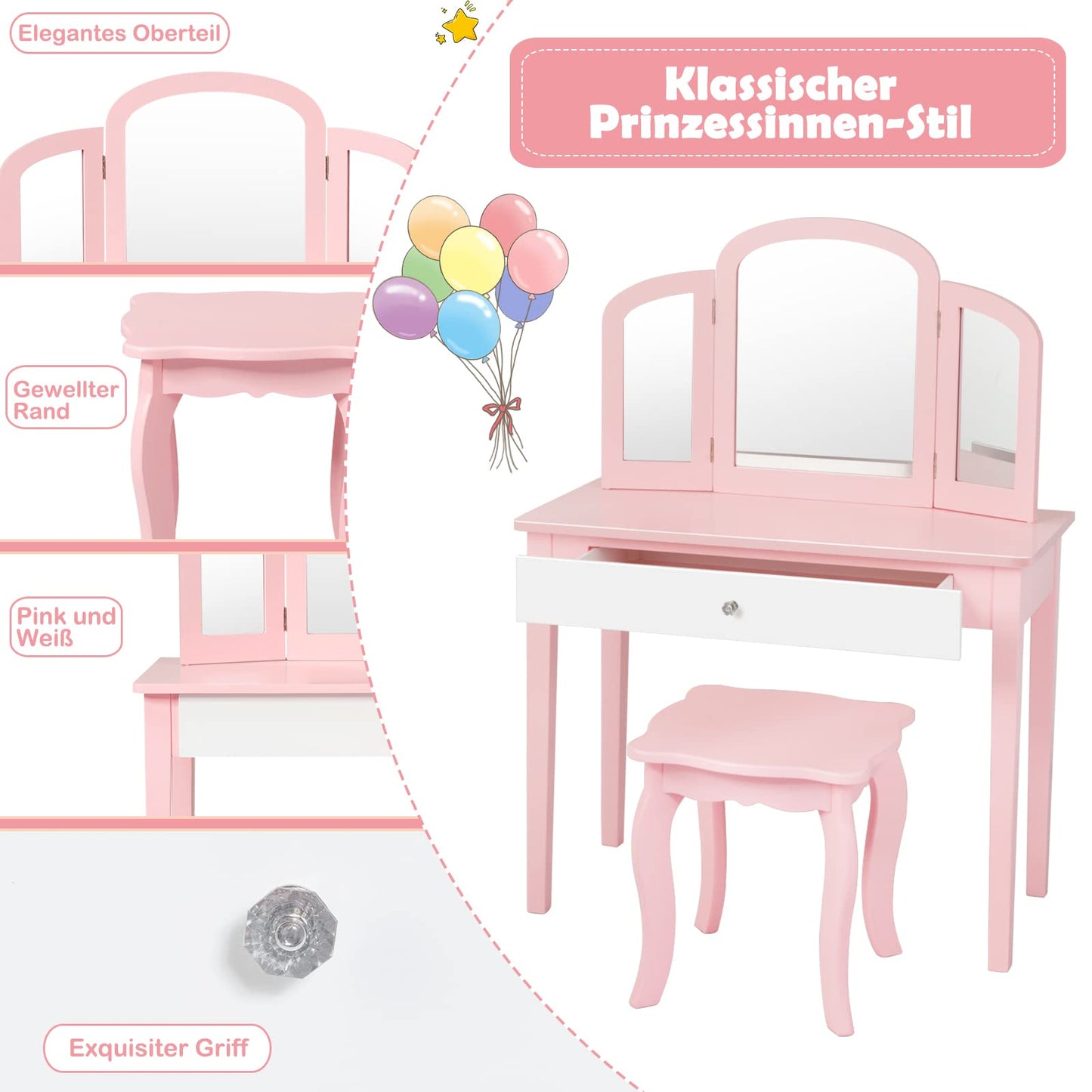 GOPLUS 2 in 1 Kids Vanity/Desk, Vanity Table & Chair, Makeup Table with Removable Triple Mirror & Drawer, Padded Stool, made of wood, in country style, for children's room (Pink)