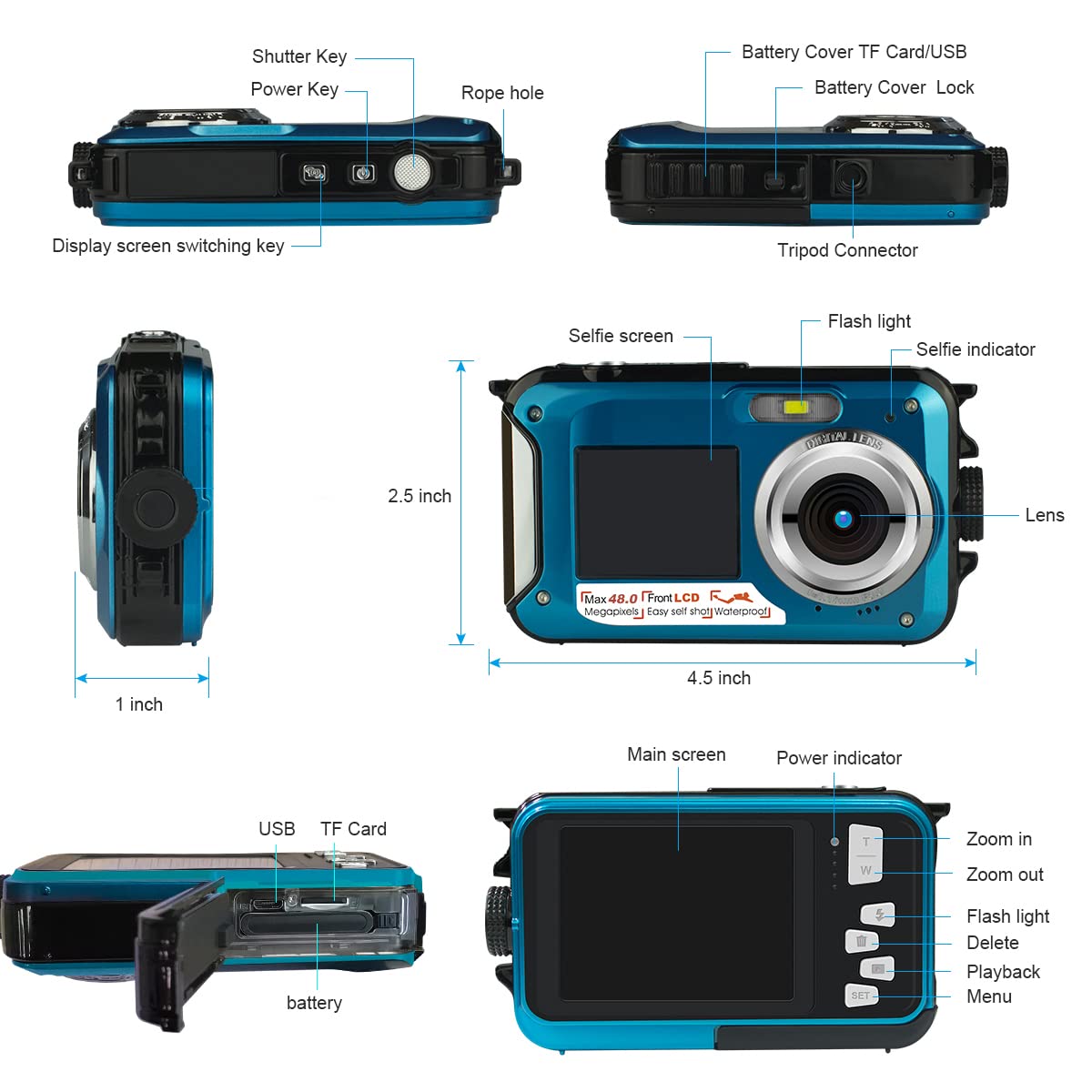Underwater Camera Full HD 2.7K 48MP 10FT Camera Waterproof Dual Screen 16X Digital Zoom Snorkeling Waterproof Digital Camera for Selfie Underwater, Swimming, Vacation