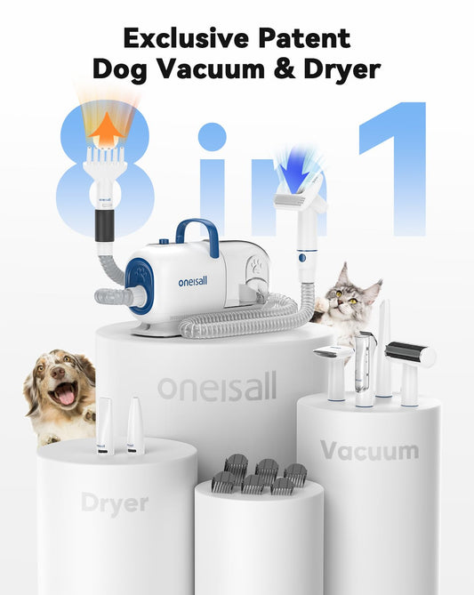 oneisall dog grooming clipper with vacuum dryer, 2.5L dust bin, 7 levels of blowing temperature, quiet clipper for dogs and cats, suction power 15000Pa, professional pet grooming kit with 8 grooming tools