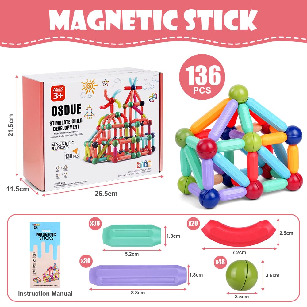 OSDUE 136 Pieces Magnetic Building Sticks Set, Magnetic Building Blocks, Magnet Toy Magnets Kids, Montessori Toy, Christmas Birthday Gift for 3 4 5 6 7 8 Years Old Boys Girls (Color)