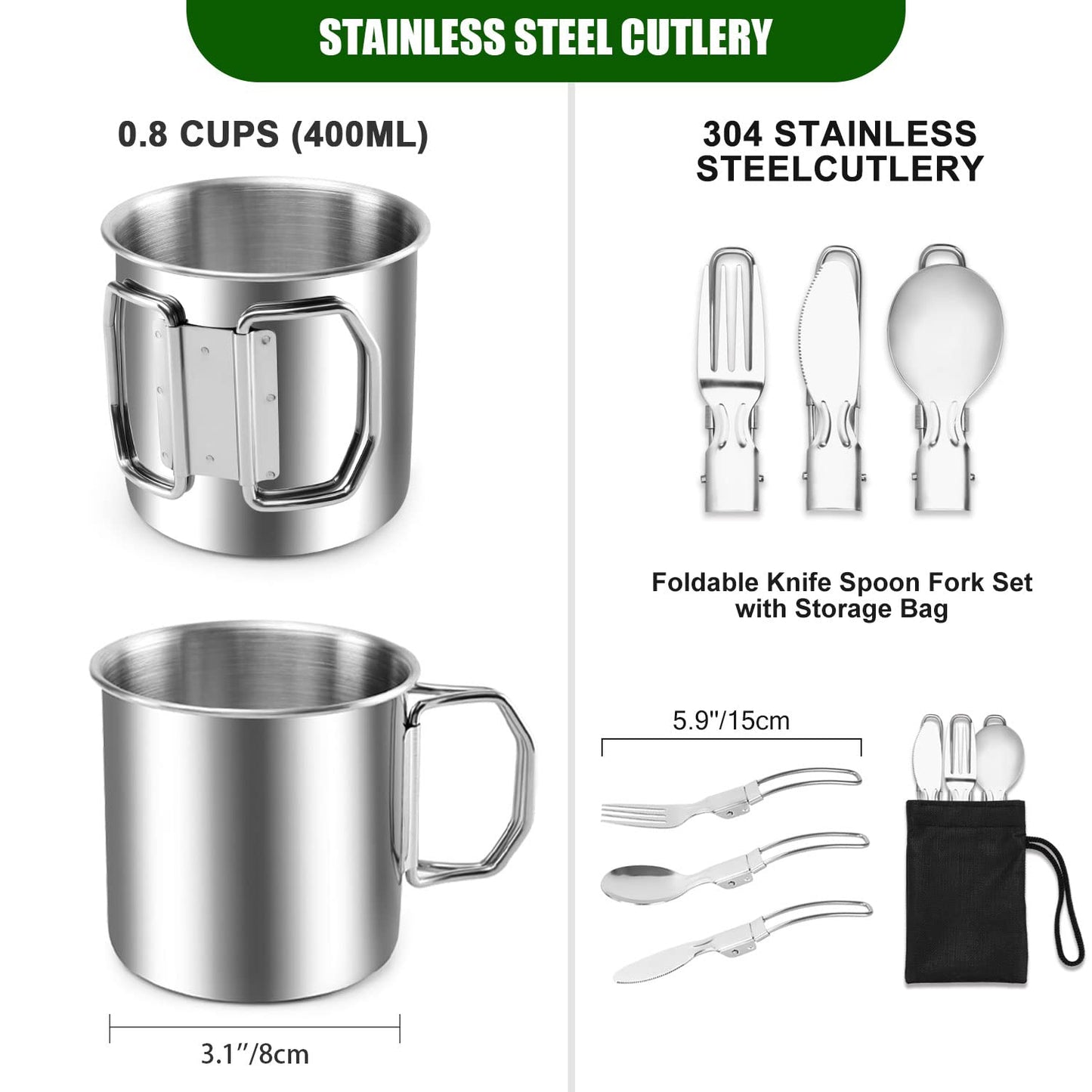 Odoland camping cookware set, pots and pans with compatible mini stove, cup, fork, knife, spoon, stainless steel, for outdoor, picnic, camping.