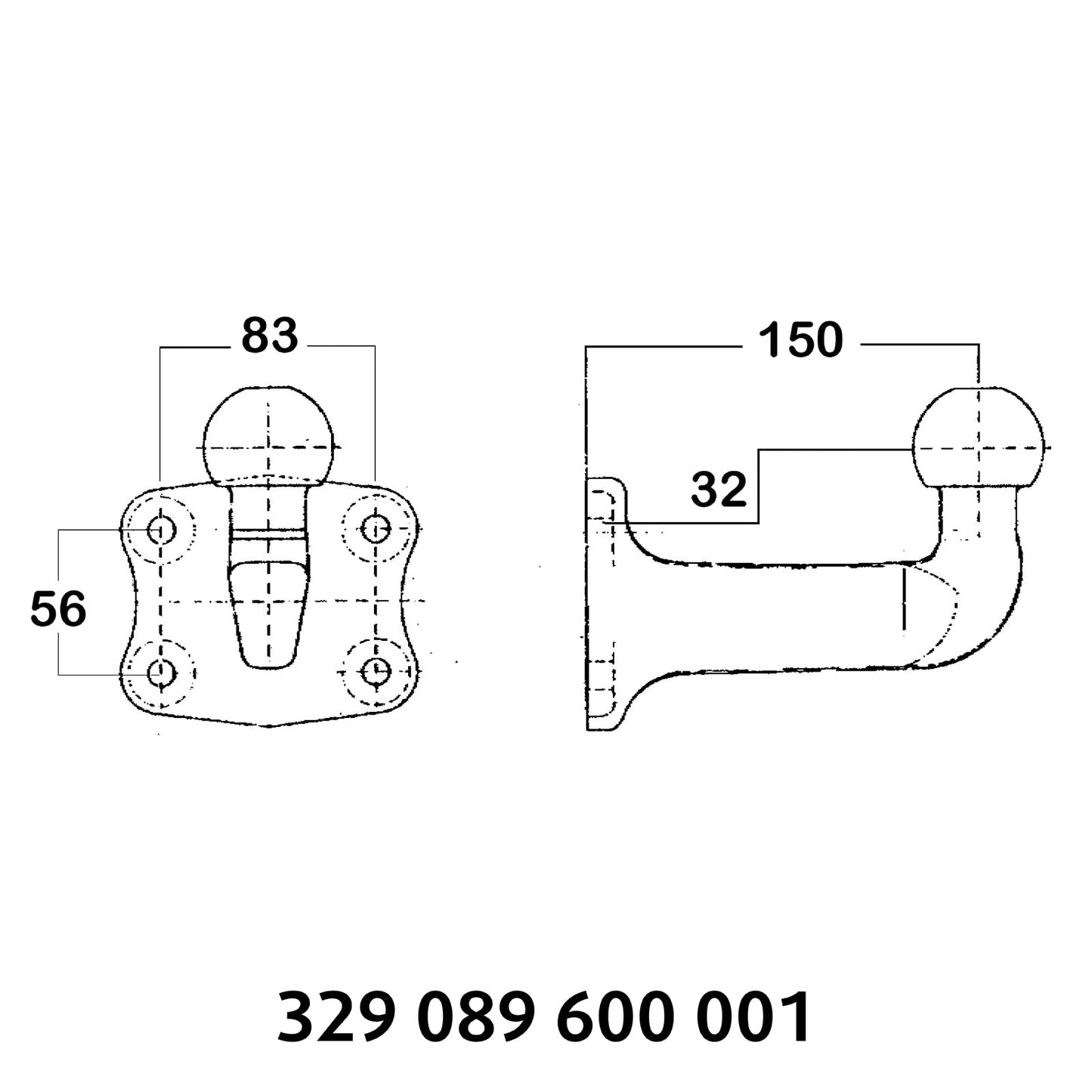 Westfalia mounting plate (4-hole) with ball neck for towbar (without fastening material) - Ball distance horizontally 150mm / D-value 17.5 kN / Hole diameter 10.5mm / Hole pattern 83x56mm
