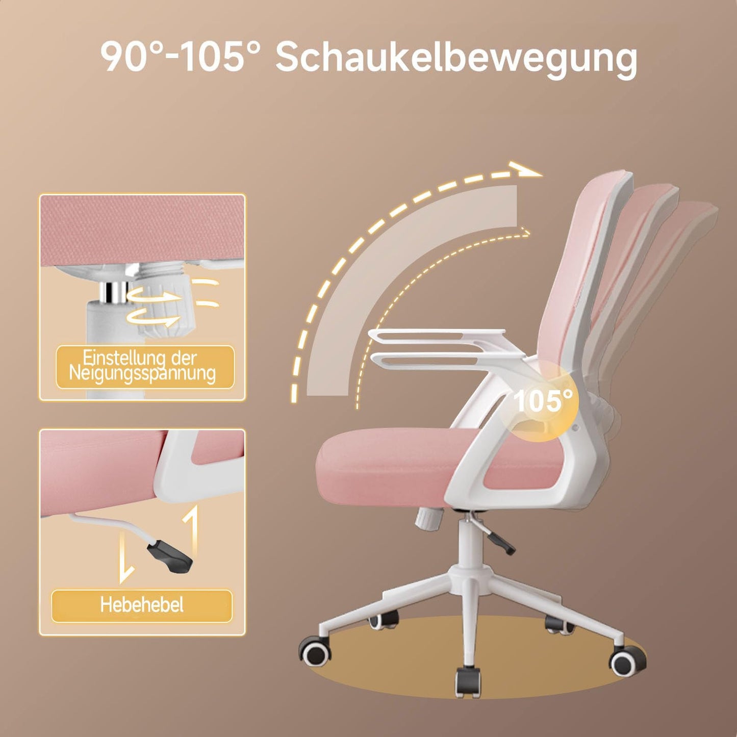 naspaluro office chair with foldable armrests, ergonomic desk chair with mesh backrest, lumbar support, height adjustable, rocking function, padded seat cushion, pink