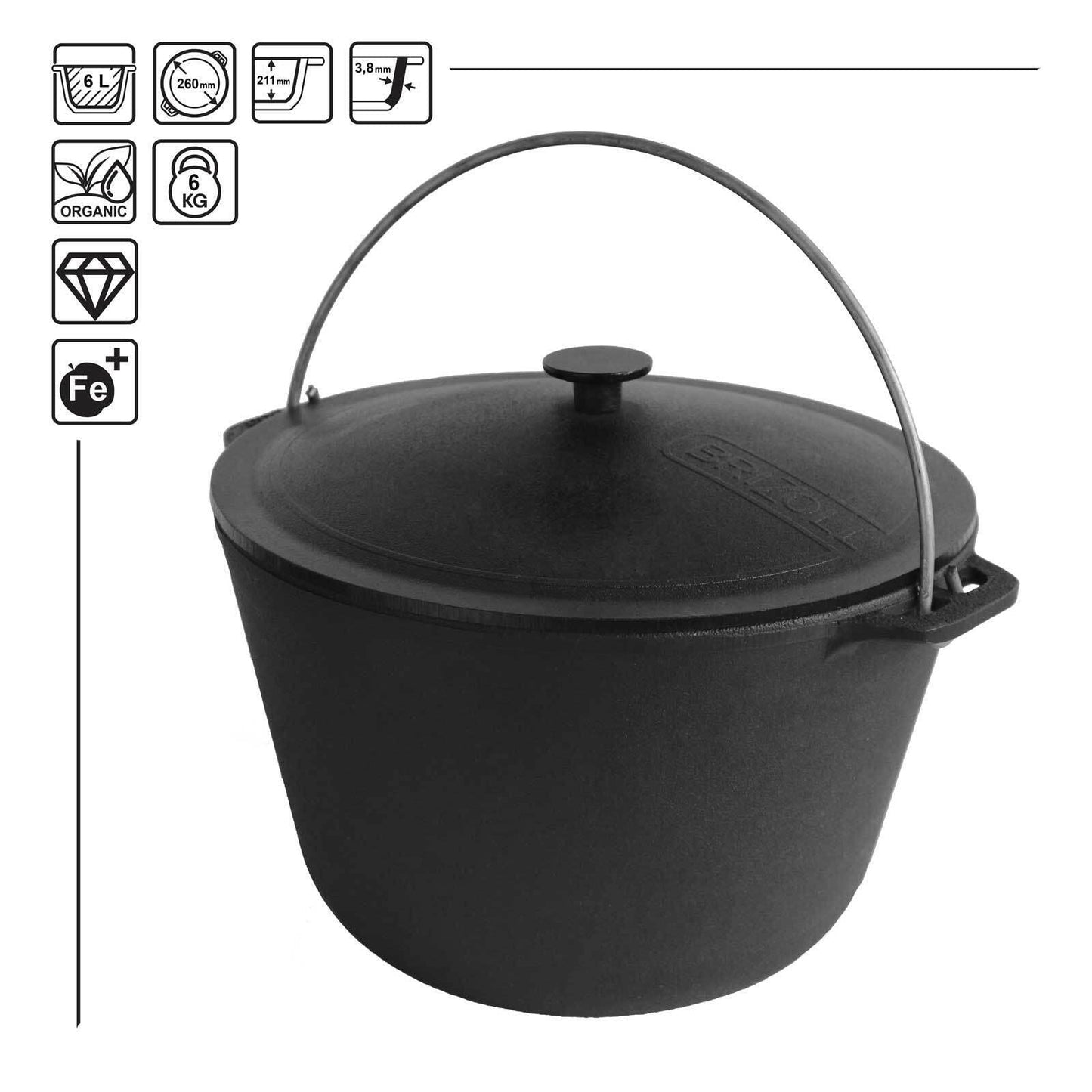4BIG.fun Kazan 6L made of cast iron with handle and cast iron lid | Swivel pot camping pot goulash kettle | Cast Iron KETTLE Tatar Kasan | Braising pan Asia WOK | Lid outdoor BBQ camping storage pot
