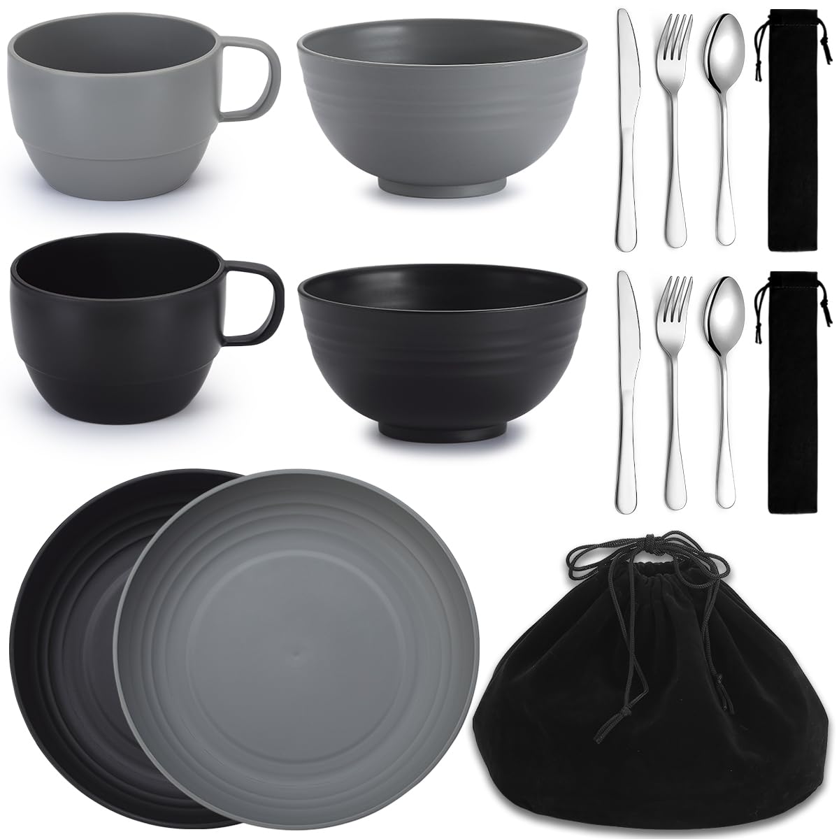 Mountain country camping cutlery set of 2 pieces, reusable cutlery sets with knife, fork, spoon, cups and plates, and bowls, portable travel cutlery set, easy to clean, dishwasher safe.