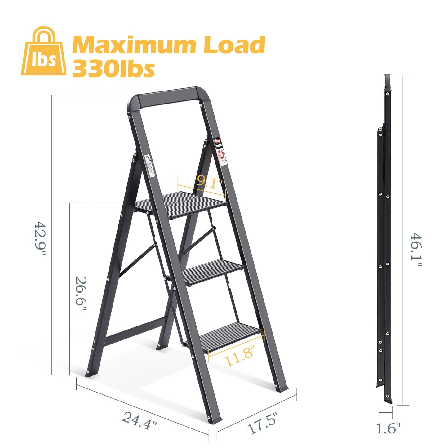 KINGRACK Aluminum Ladder, 3-Step Folding Step Ladder with Handrail, 150kg Capacity, Non-Slip Household Ladder with Locking Mechanism, Aluminum Ladder for Home, Office, Garden, Black.