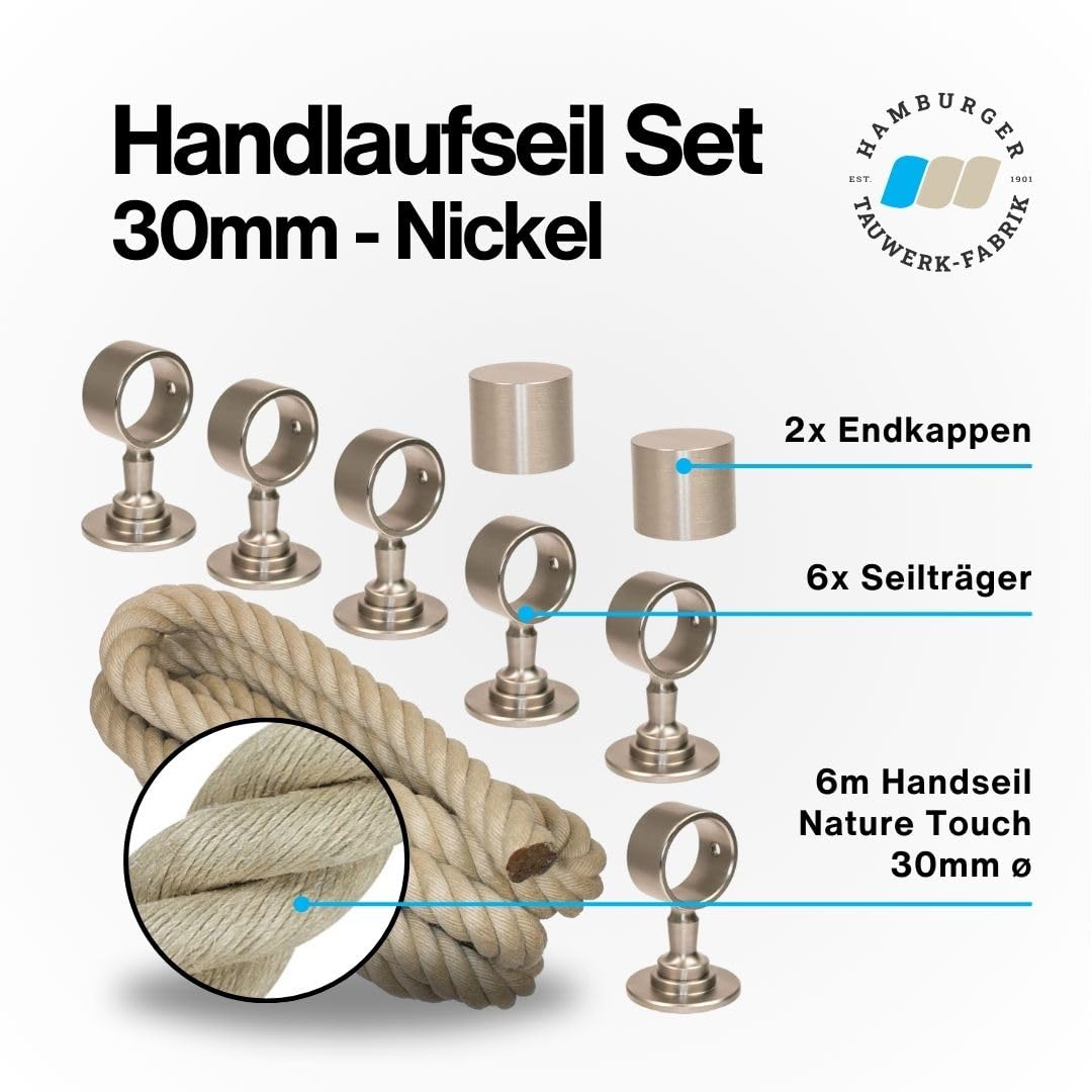 30mm handrail rope set - includes 2 end caps, 6 nickel-plated rope supports, and 6m of natural "Nature Touch" handrail rope