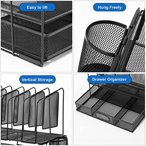 Restorgan Mesh Desk Organizers, Desk Organizer with drawer, 4-tier Mesh Desk Organizer with 5 vertical file holders and 2 pen holders.