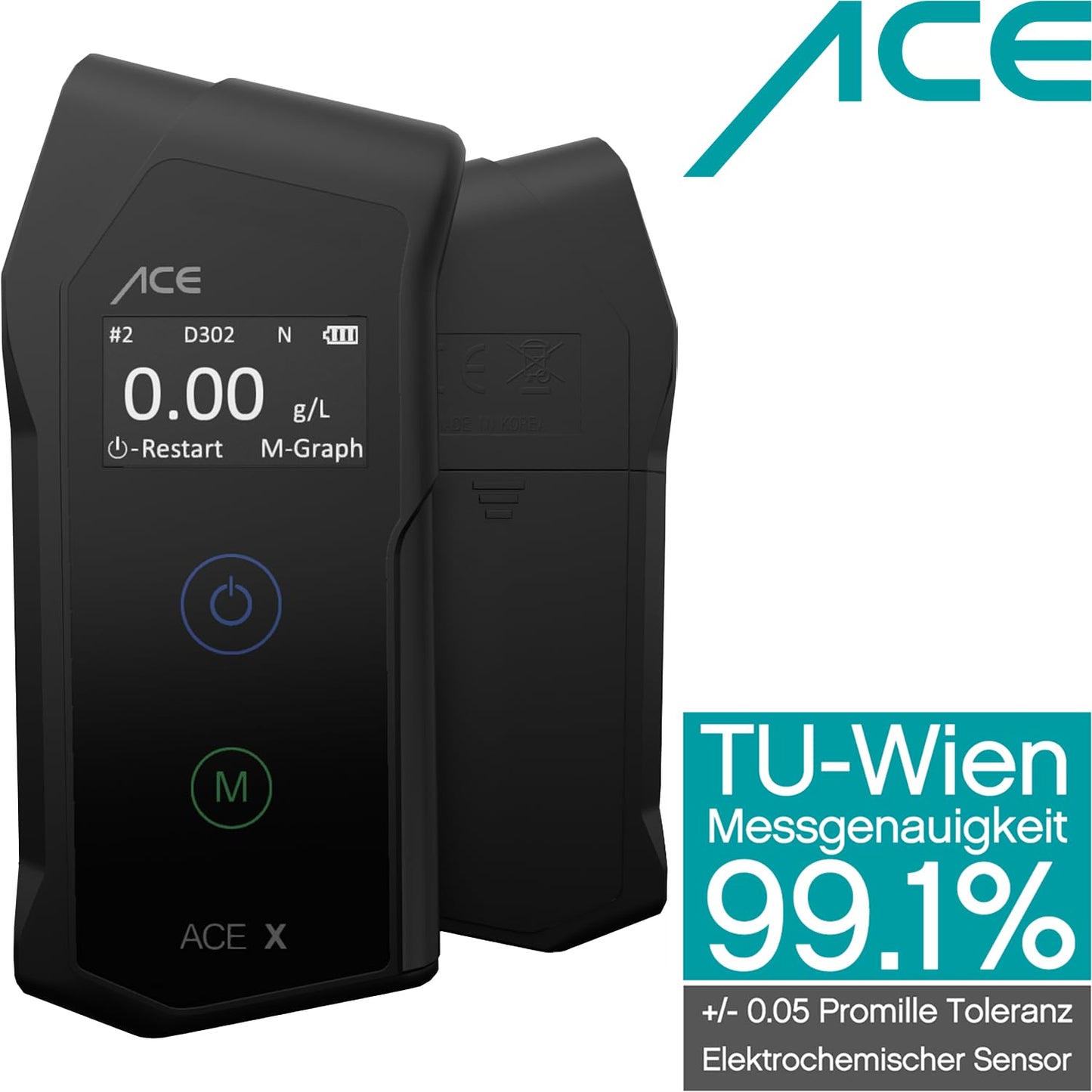 ACE X Breathalyzer - Digital Alcohol Tester - Police-grade Alcohol Tester - TU Wien Test Winner (99.1% Accuracy)