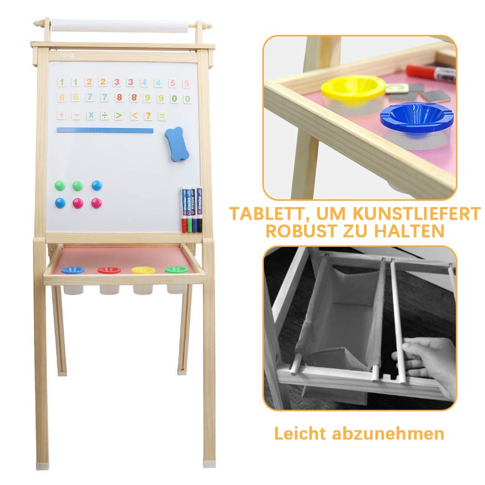 Dripex Kids Art Easel with Paper Roll Double-Sided Board and Magnetic Board for Children Painting Upgrade Whiteboard Chalkboard (Wood Color)