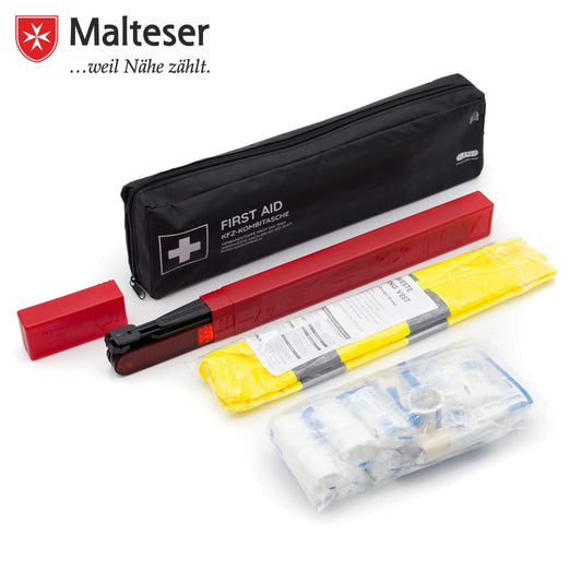 Vehicle first aid kit including warning triangle and high-visibility vest according to current DIN 13164:2022 | Valid for 2025 | First aid kit for car/motorcycle | black | long format