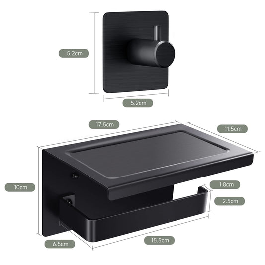 Acmetop toilet paper holder without drilling, aluminum TP holder with 17 cm shelf. Self-adhesive toilet paper holder with 2 adhesive hooks for wall mounting. Toilet roll holder for kitchen and bathroom in black.