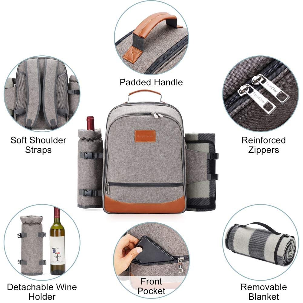 HappyPicnic Insulated picnic backpack for 4 people with complete tableware, spacious cooler compartment, bottle holders, and large waterproof picnic blanket.