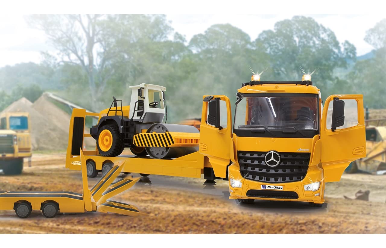 Jamara 405107 - Low loader Mercedes Arocs 1:20 2.4GHz - Coupling and uncoupling low loader, low loader support + ramp up/down, horn, reverse alarm sound, realistic engine sound, 2 speed levels, Yellow
