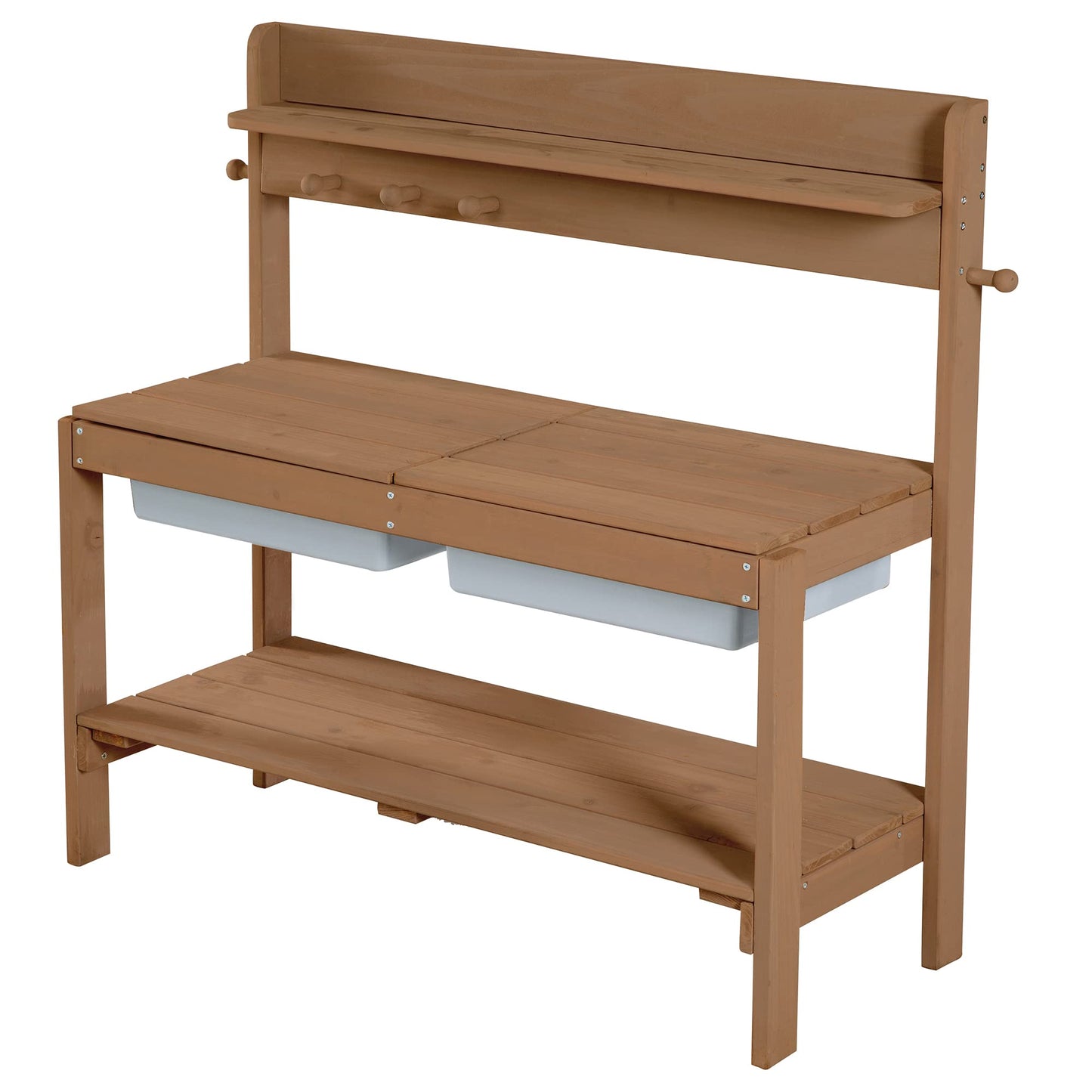 Roba Kids Outdoor Garden Kitchen Fun -Wooden Mud Kitchen with Removable Cover - 2 Plastic Tubs & Shelf - Weatherproof Work Table/Outdoor Play Kitchen - Teak, 1 Piece (1 Pack)