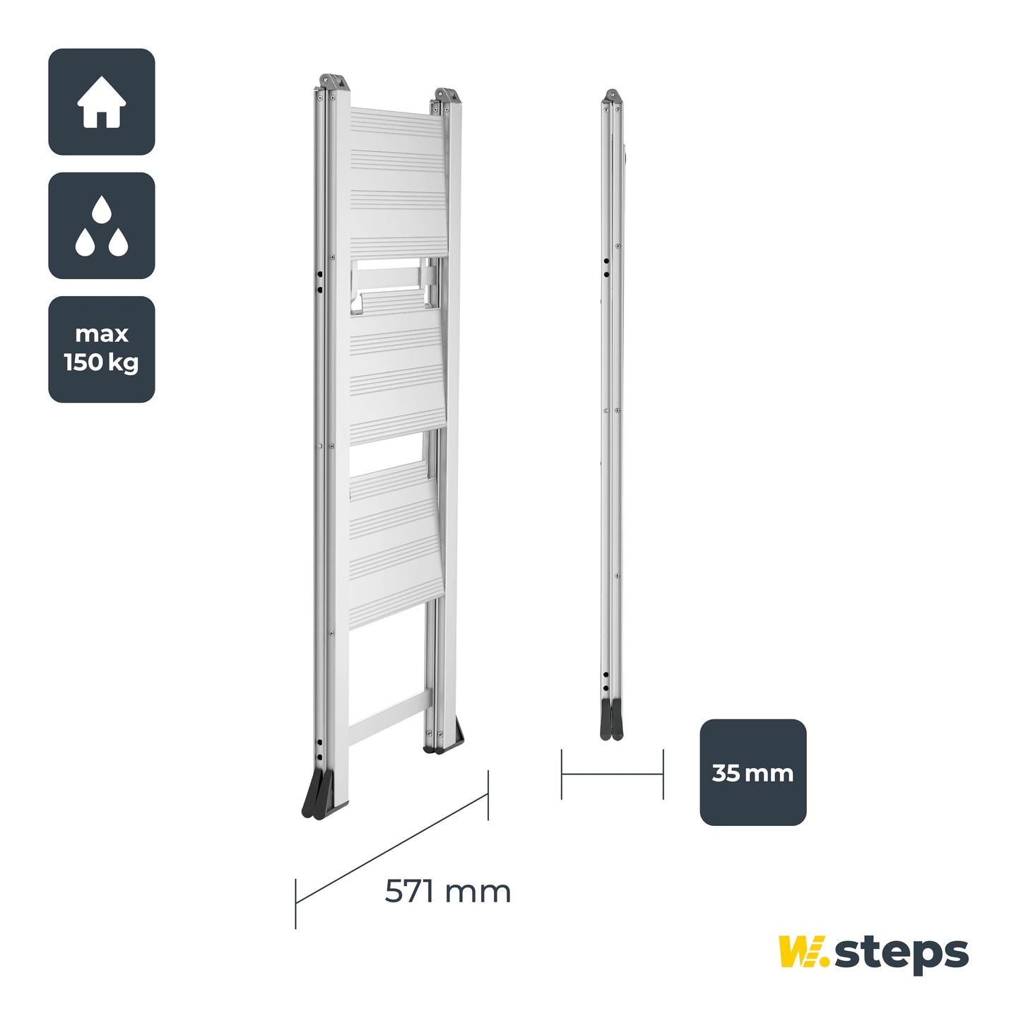 Aluminum folding step ladder Vikingstep Maxi by W.Steps 720mm high Load capacity up to 150kg Compact 2-step aluminum folding step ladder Only 35mm wide 728143