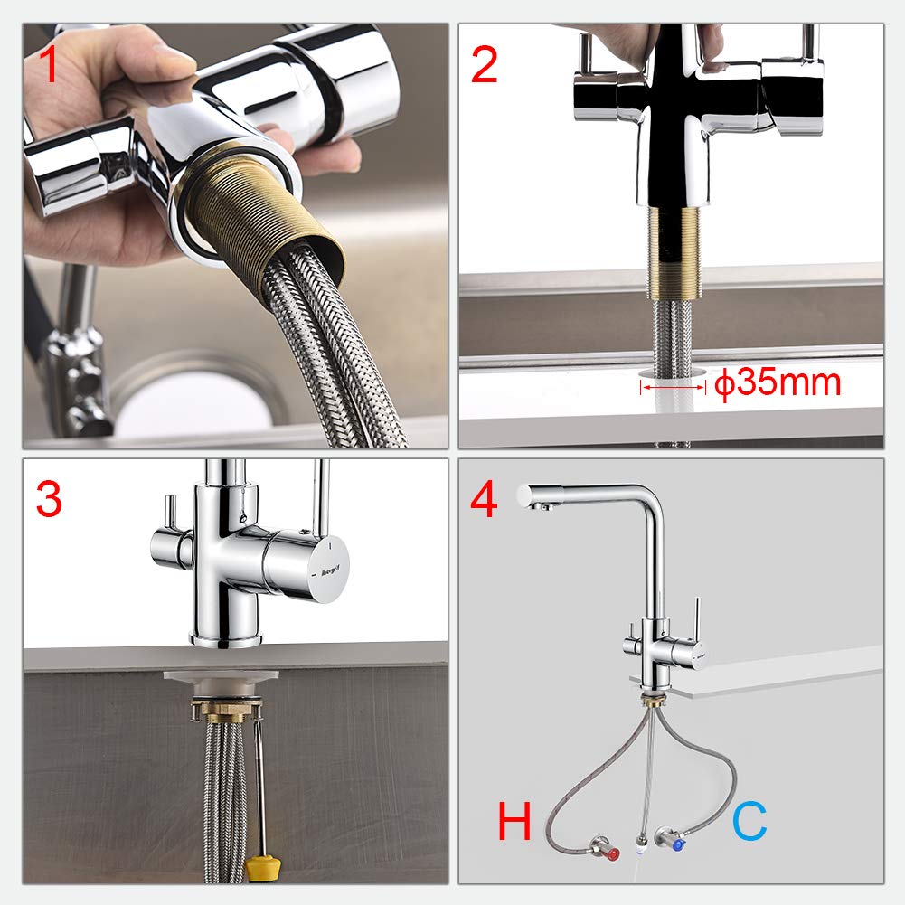 3-way kitchen faucet (drinking water tap with 360° swivel, dual lever, 3-in-1 function for water filter, hot and cold water outlet, high pressure, with 3 hoses 50 cm) stainless steel chrome