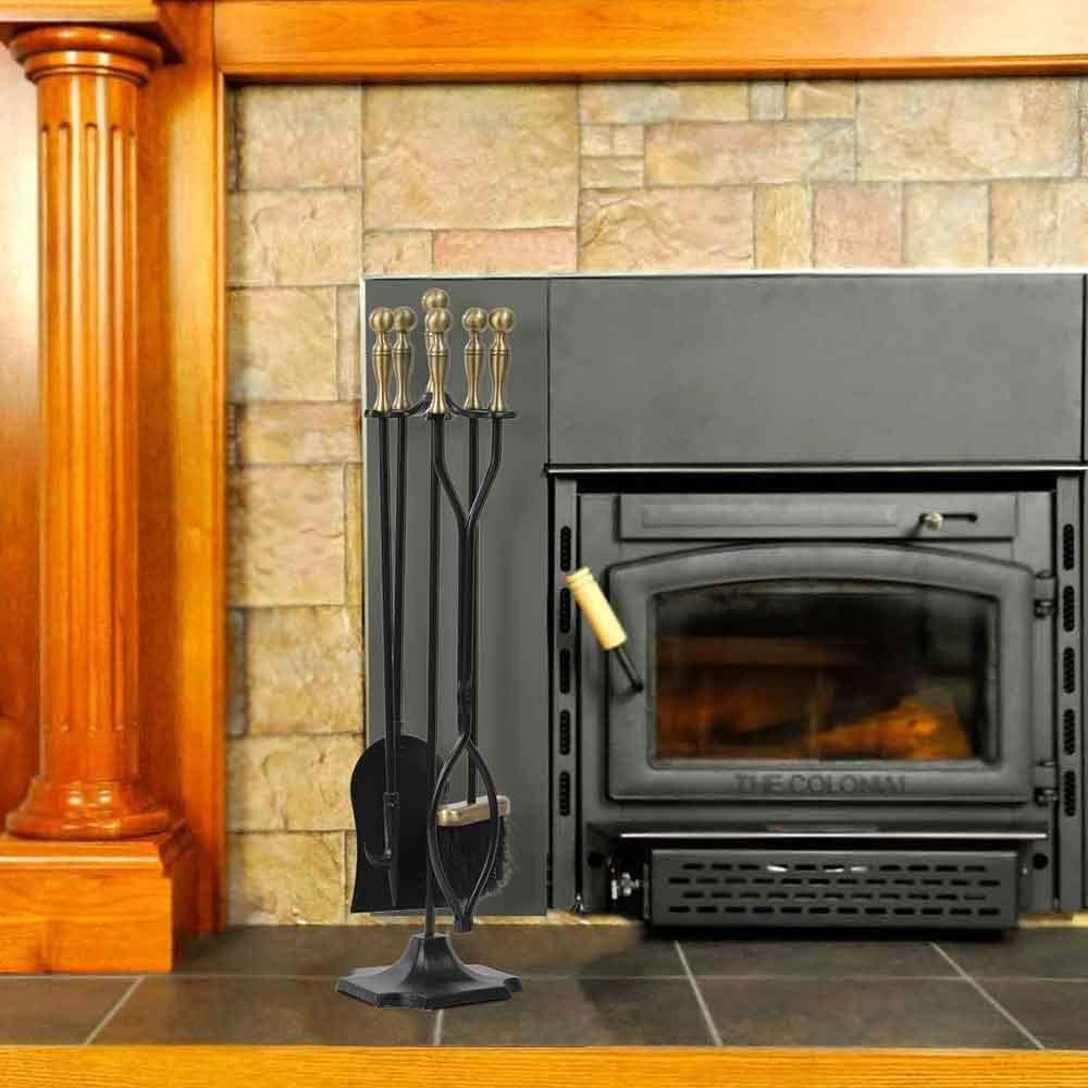 AMAGABELI 26.5" 5-piece Fireplace Tool Set with Wrought Iron and Inner Decoration Fireplace Accessories Firewood Stand Tongs Shovel Brush Poker Gold.