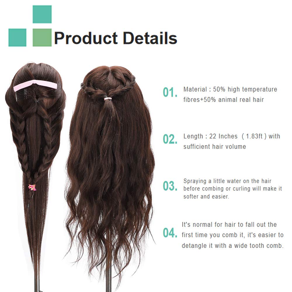 Neverland Practice Head Mannequin Head 22 inches 50% Real Hair Cosmetology Mannequin Head Practice for Hairdressers Cutting & Styling with Clamp + DIY Braid Set