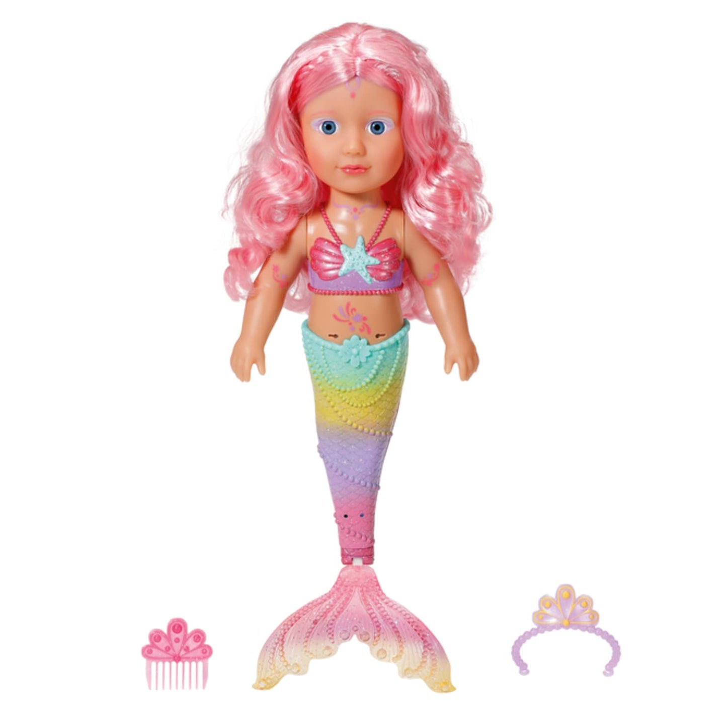 BABY born Little Sister Mermaid 46 cm, waterproof mermaid doll with long hair and movable glitter tail, includes tiara & comb, 833681 Zapf Creation