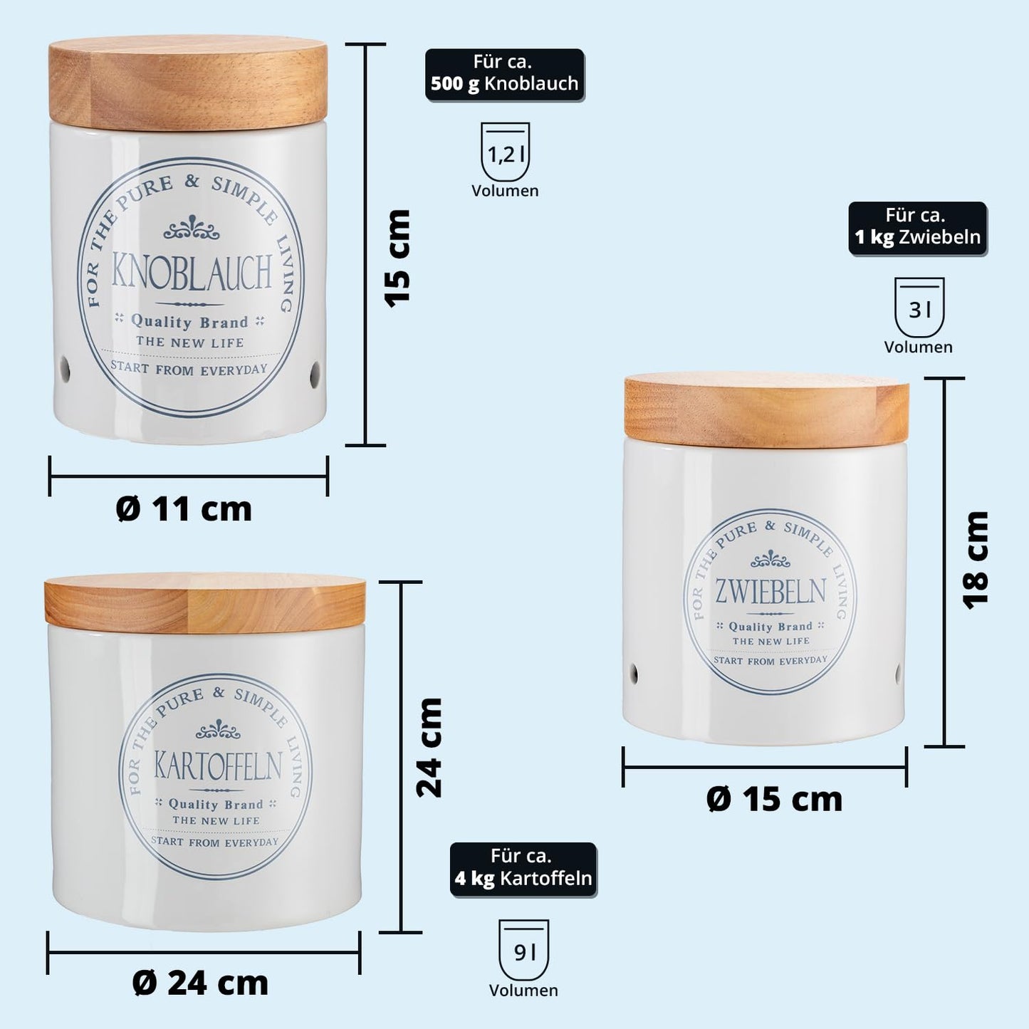 KHG Set of storage containers for potatoes, onions, and garlic, made of ceramic stoneware with white wooden lids, round storage containers labeled for potatoes, onions, and garlic.