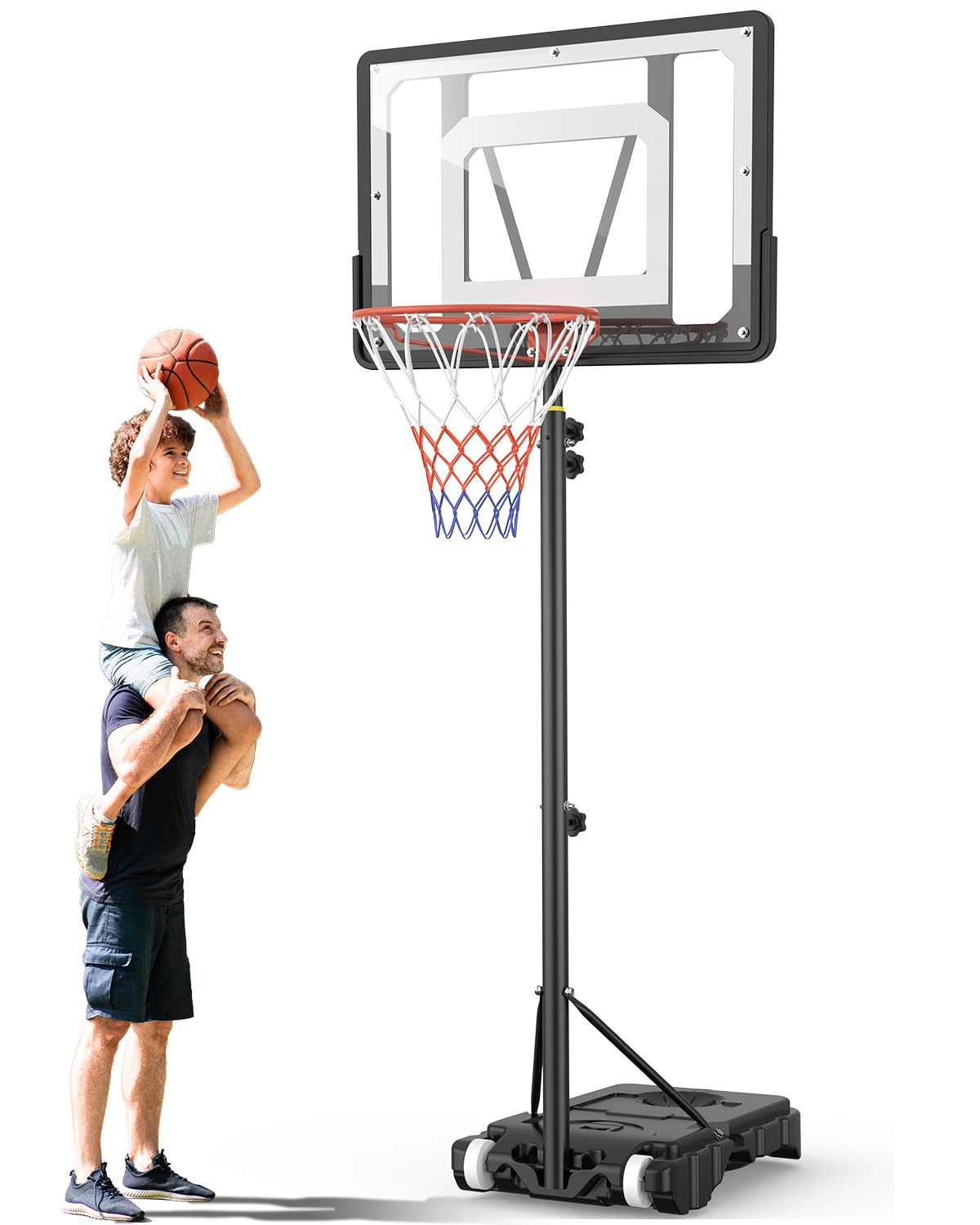 Outdoor basketball hoop for kids with adjustable height of 150-210 cm. Features a 80x60 cm shatterproof backboard, enlarged base, and wheels for easy moving. Ideal for children and teens.