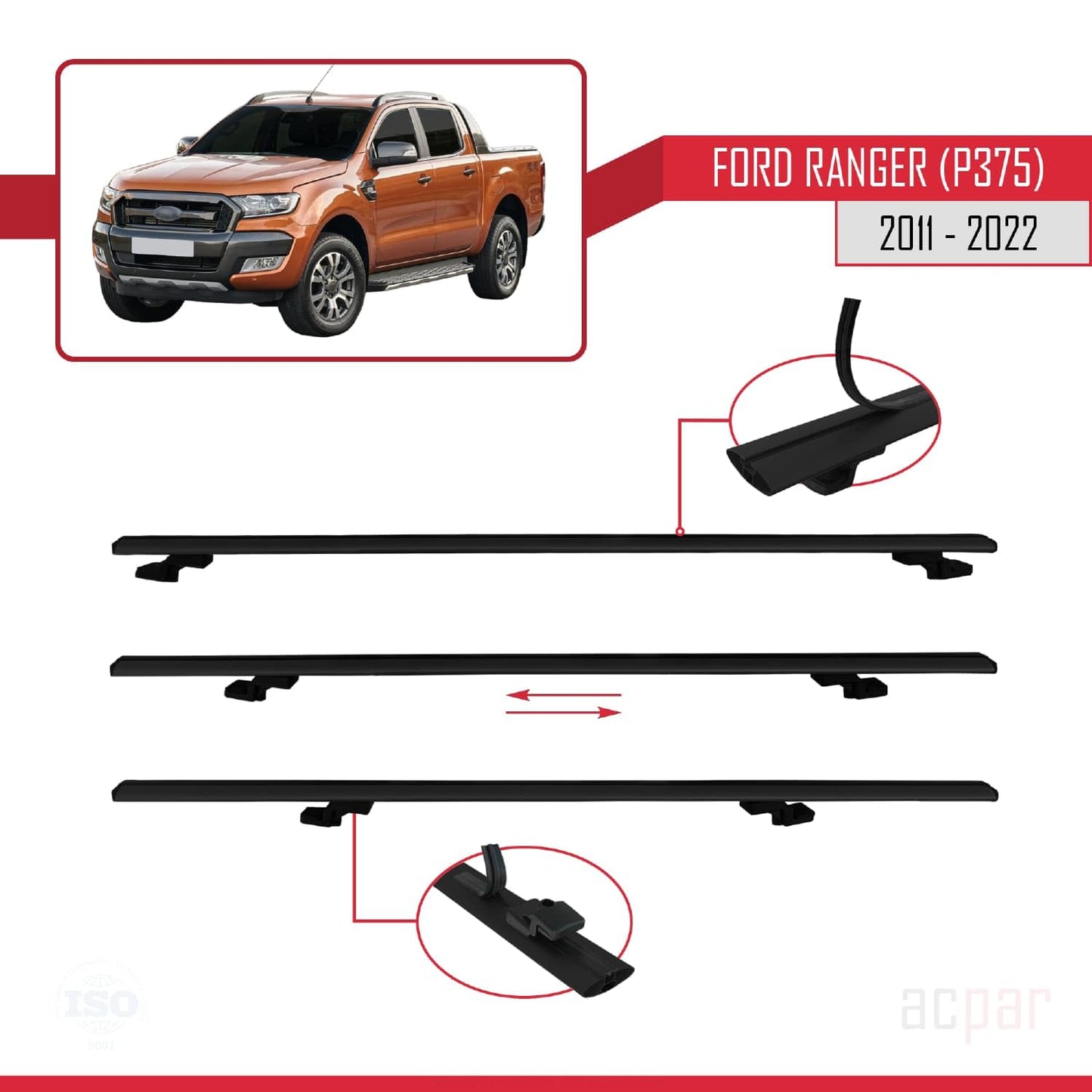 acpar Compatible with Ford Ranger (P375) 2011-2022 Basic Model Roof Rack Cross Bars Black Aluminum 2 Bars
