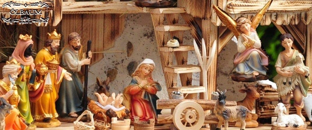 Large Christmas Nativity scene, with fountain + decorations, approx. 60 cm solid wood historically brown complete with fountain set - with 12 x PREMIUM Nativity figures + golden angel