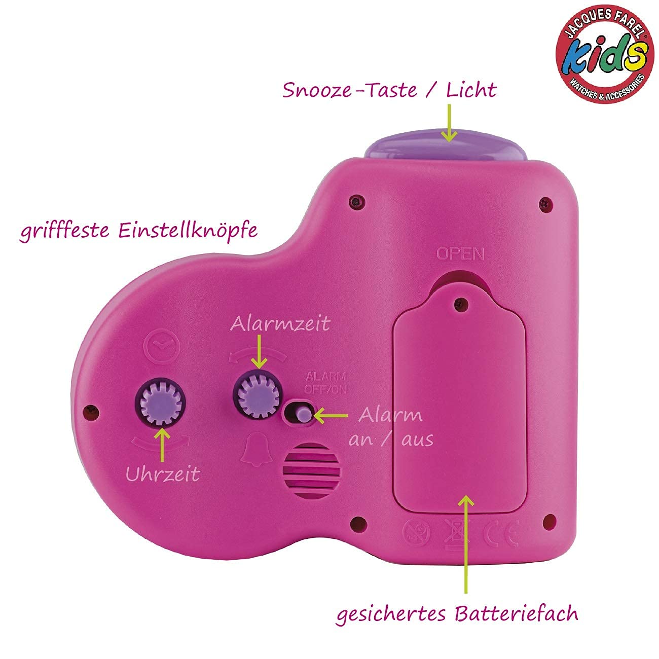 JACQUES FAREL Children's alarm clock girls butterflies flowers pink without ticking, with light and snooze ACB 711 by