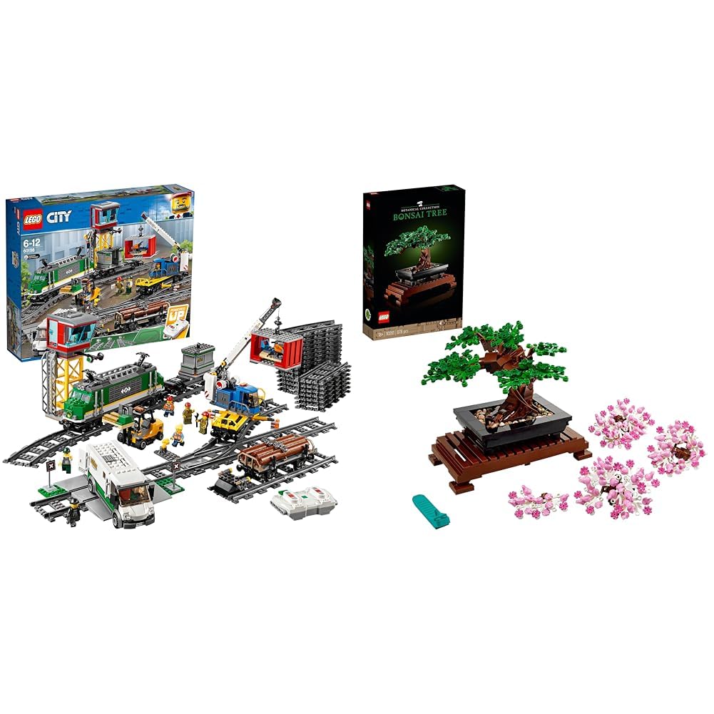 LEGO City Cargo Train, set with battery-powered motor & Icons Bonsai Tree Set for adults, plants home decor set.