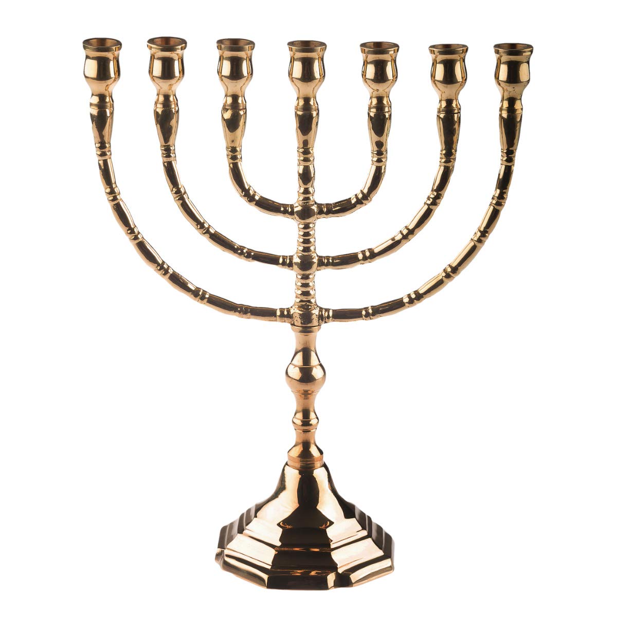 Junker Church Supplies Candle Holder Menorah, seven-branched candelabra made of polished & lacquered brass, for Ø 13mm candles, height 25cm, width 20cm