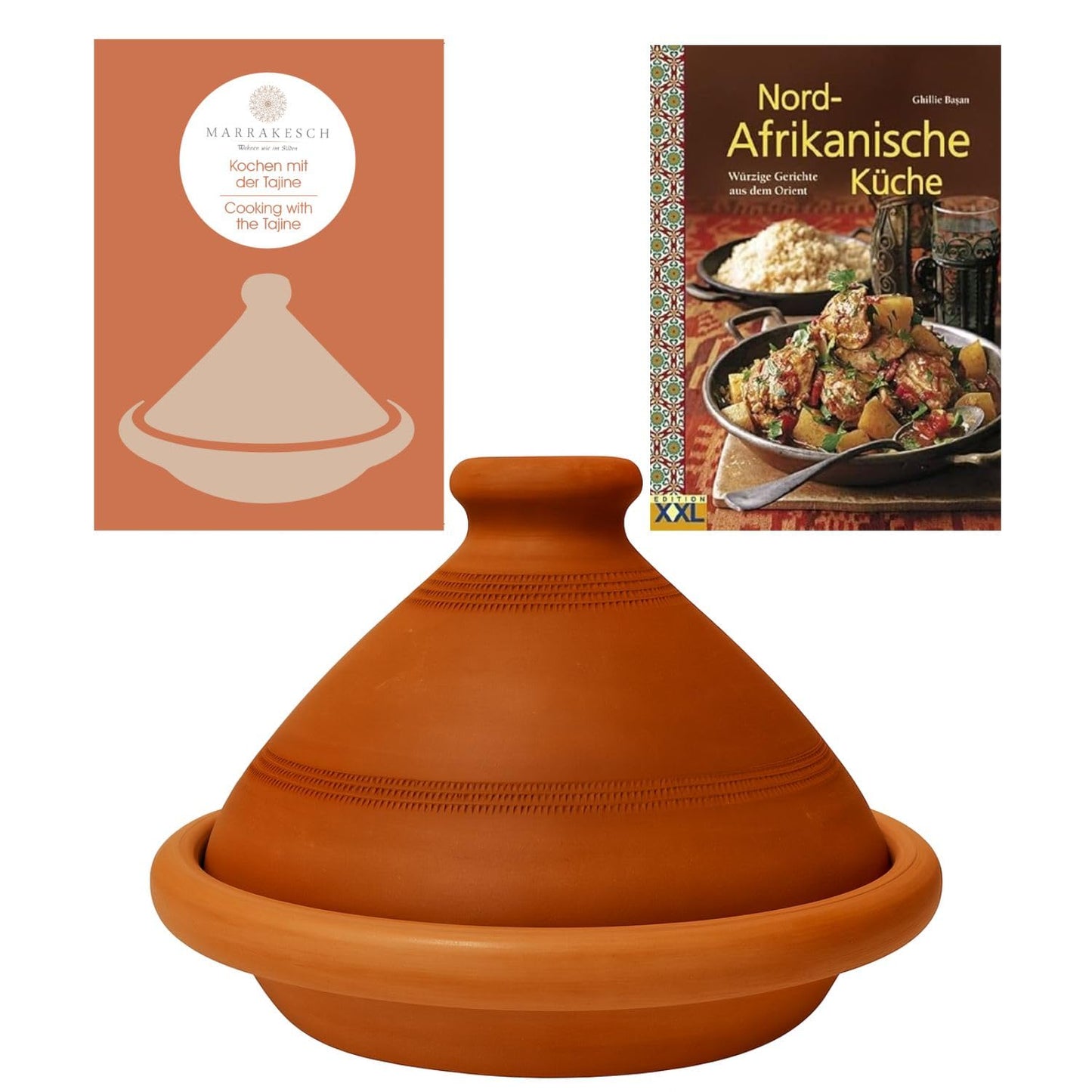 Tajine, original from Morocco, including cookbook North African cuisine, clay pot for cooking, Tuareg Ø 26cm, for 1-3 people, handmade from Marrakesh, free of pollutants.