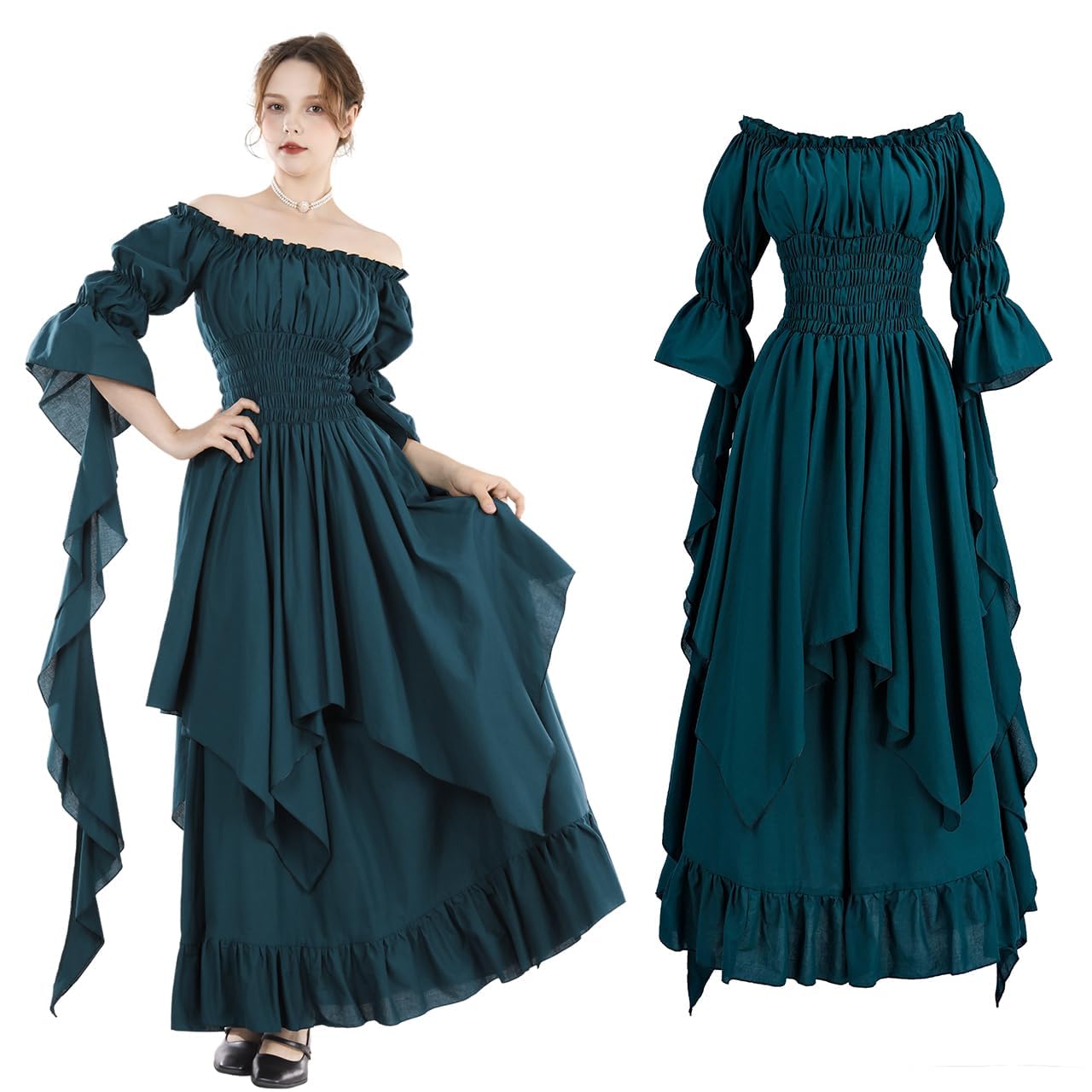 Fiamll Victorian Dress Renaissance Costume Women Gothic Witch Dress Medieval Maxi Dress Ladies Wedding Dress (Peacock Green L/XL)