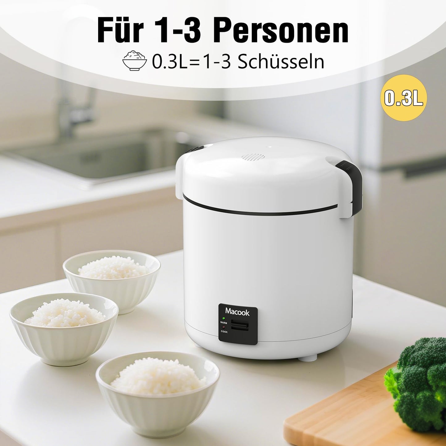 Macook Mini Rice Cooker for 1-2 people (1.5 cups, 0.3 liters), Small Rice Cooker with simple one-button operation, Non-stick inner pot includes rice spoon & measuring cup.