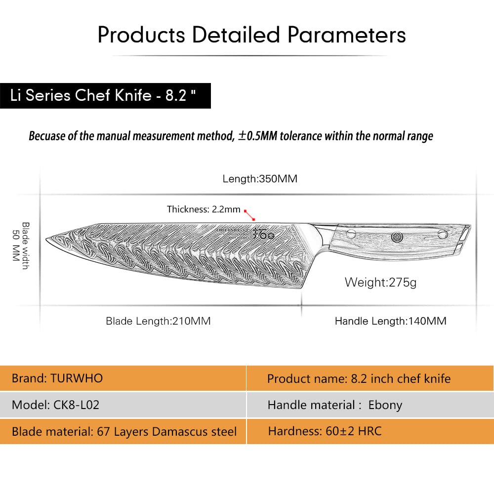 Kitchen knife Damascus knife 20cm Professional Chef's Knife Very Sharp Blade 67 Layers Damascus Steel Chinese Chef's Knife for Cutting.