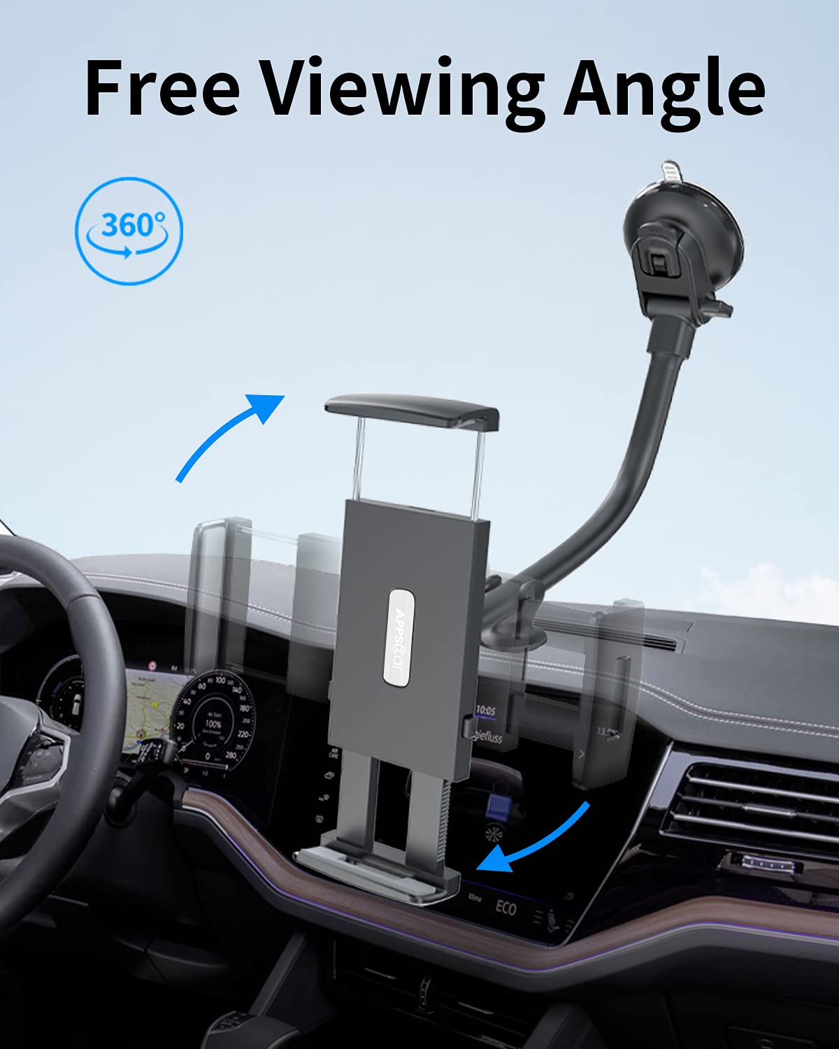 APPS2Car tablet holder for car, suitable for 7.9-11 inch tablets like iPad mini/9.7/10.2/10.5 and more. Features a 13" long arm, anti-vibration design, and 360 degree adjustability.