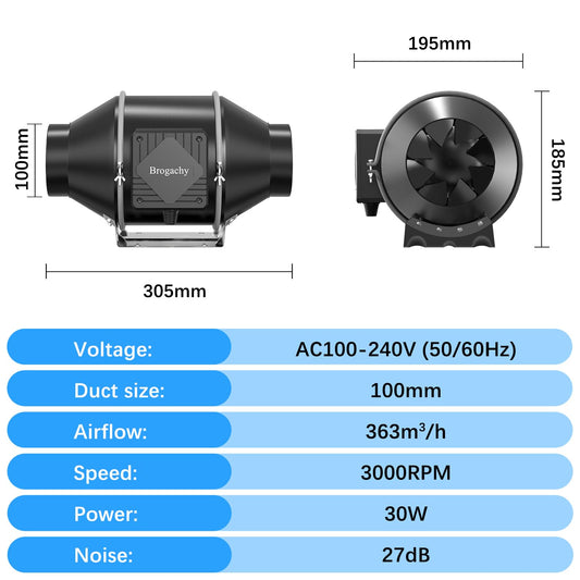 Brogachy 100mm duct fan 365m³/h, adjustable PWM exhaust fan 3000 RPM with three-phase EC motor, for heating, cooling, boosters, grow tents, hydroponics, home use, ventilation.