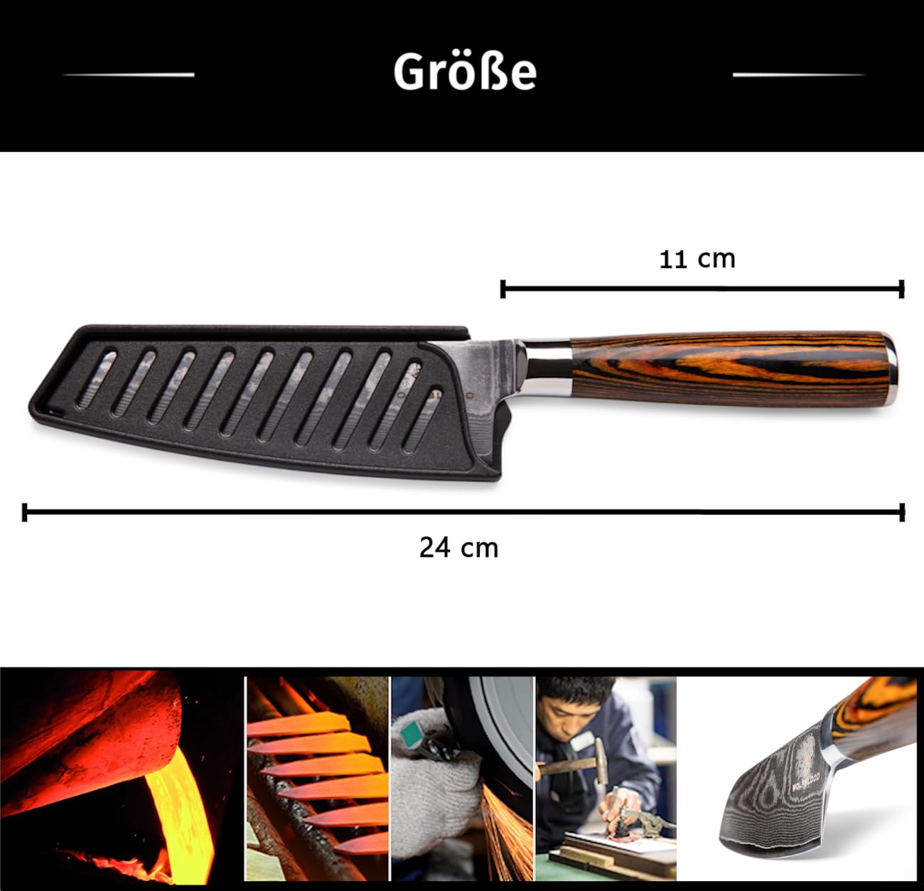Wolfblood Damascus Santoku Knife L(24cm) Professional chef's knife made from authentic 67 layers Damascus steel I Damascus kitchen knife Santoku knife with wooden handle Gift box and blade guard