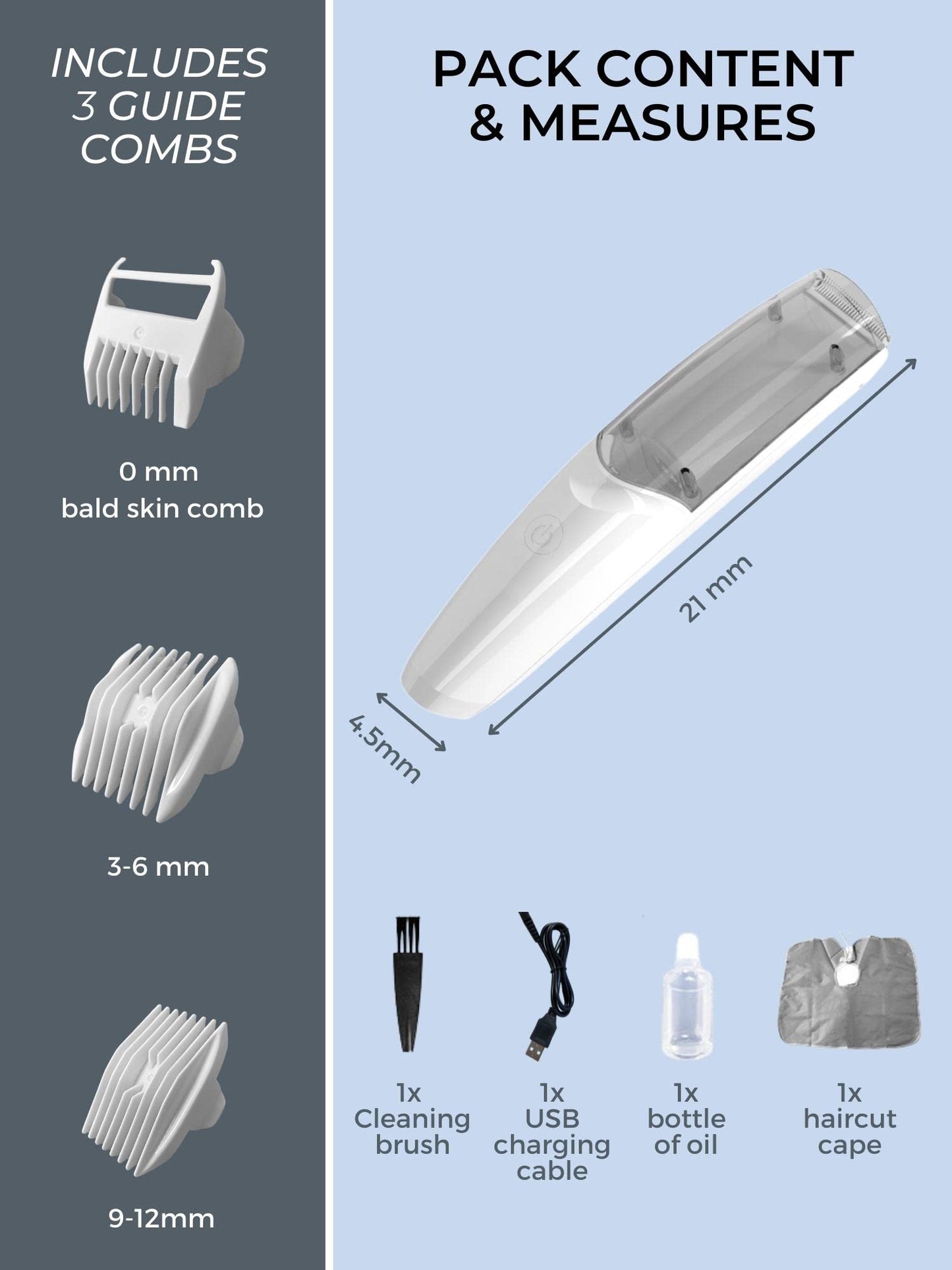 Children's hair clipper. Silent wireless hair trimmer 48dB, Waterproof IPx7. Hair clipper for kids with ceramic blade for sensitive skin and USB charging cable.