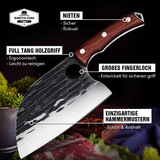 SMITH CHU cleaver Serbian butcher knife hand-forged chef knife kitchen knife meat cleaver sharp boning knife with leather sheath full tang outdoor for BBQ camping