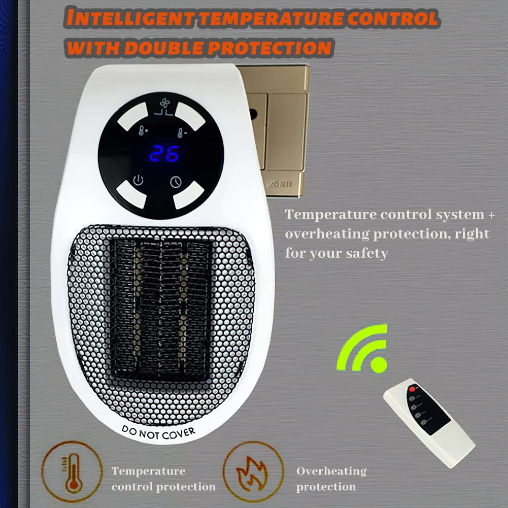 Ceramic heater Hillylolly 500w, plug-in heater, mini heater, wall-mounted electric heater, energy-saving and quiet heater for bathroom, room (White)
