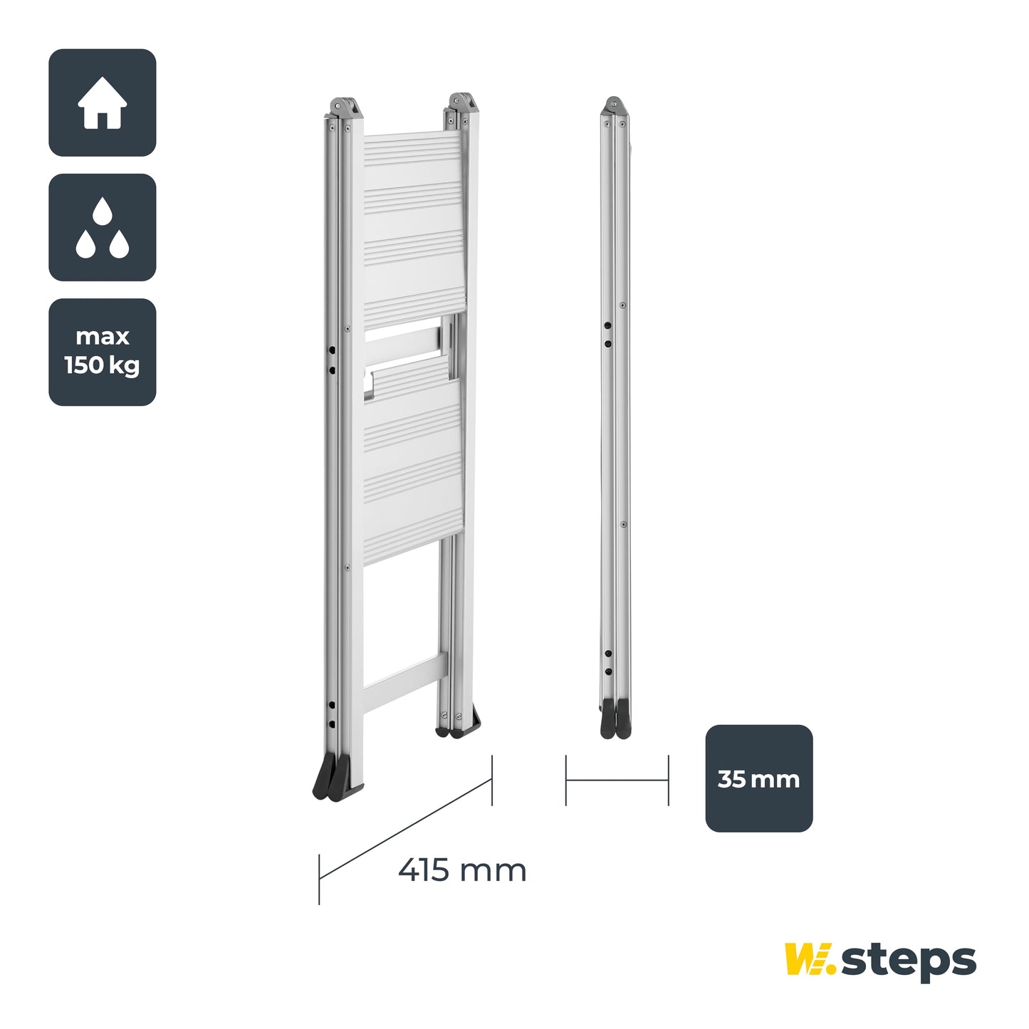 Aluminum step ladder Vikingstep Mini by W.Steps I 480mm high I Load capacity up to 150kg I Compact aluminum folding step ladder with 2 steps I Only 35mm wide I 728141