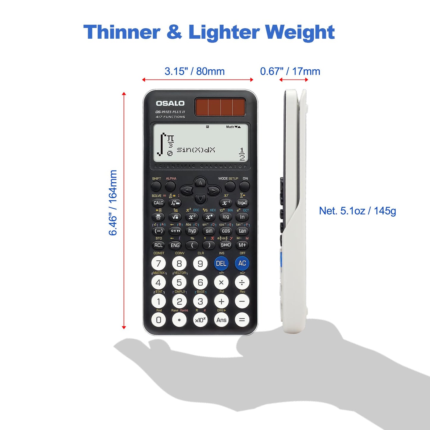 OSALO Scientific Calculator 417 Function 10+2 Digits Written Display Solar and Battery Calculator Protective Case for School Black (OS 991ES Plus 2nd Edition)