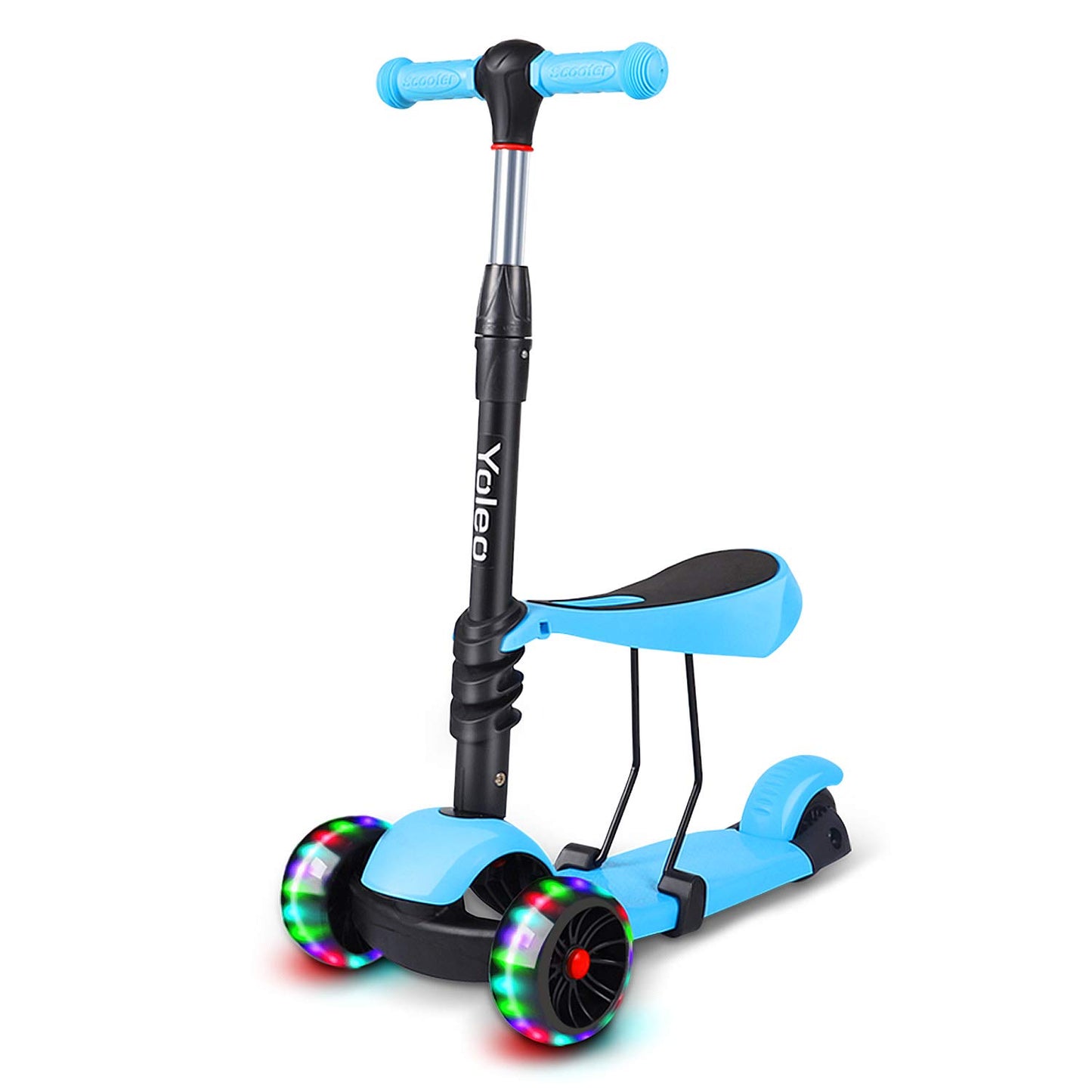 YOLEO 3-in-1 Kids Scooter with Removable Seat, LED Big Wheels, Adjustable Handlebar for Toddlers Boys Girls from 2 Years (Blue)