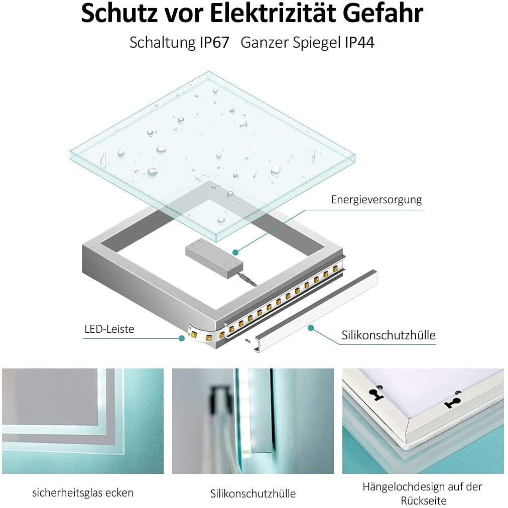 EMKE LED bathroom mirror with lighting 80x60cm, equipped with a toggle switch and anti-fog feature. Choose between warm white and cool white light modes, and mount the energy-efficient mirror horizontally or vertically.